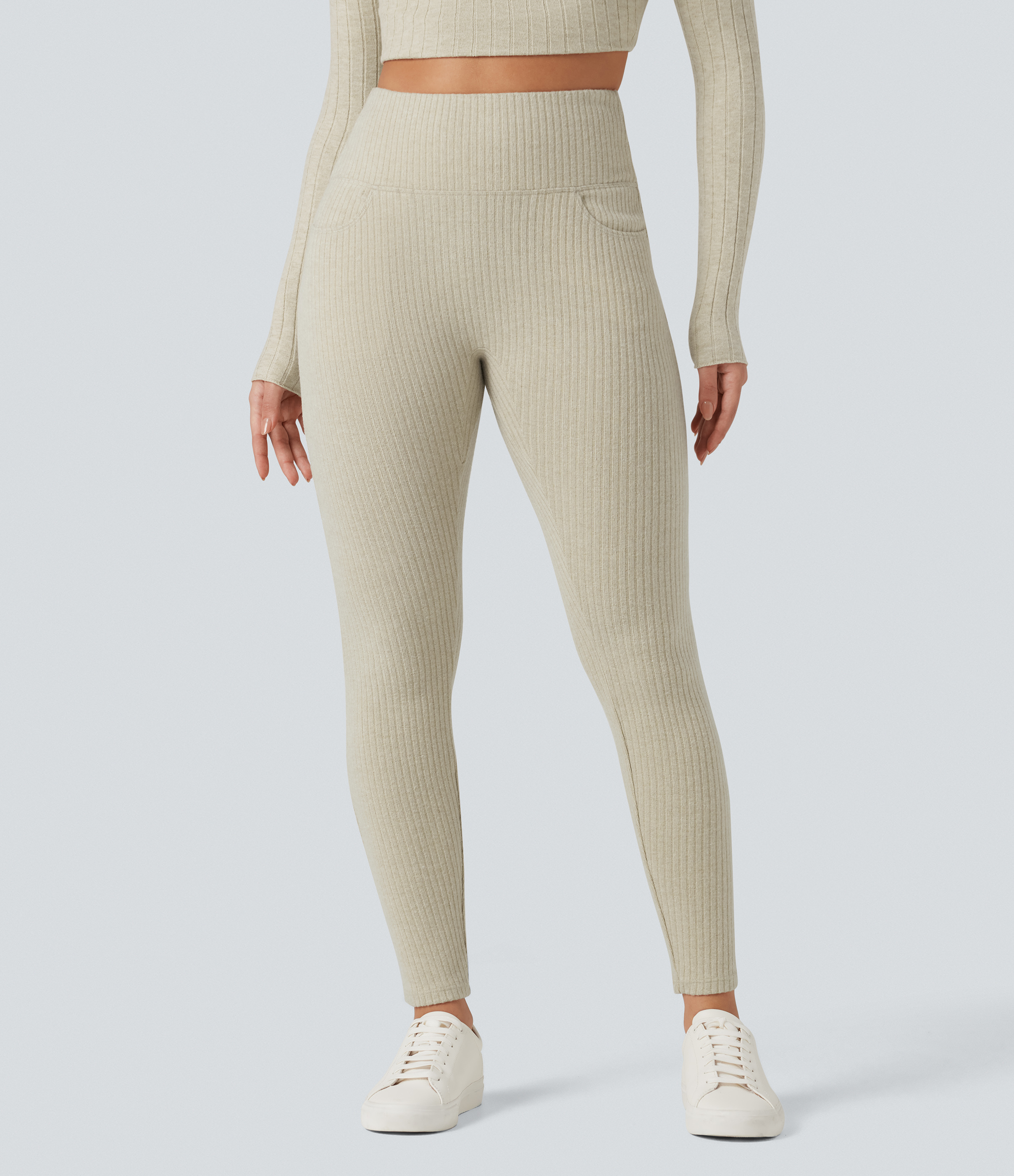 Fog Ribbed Knit High Waisted Crisscross Back Casual Leggings with Pockets / 2
