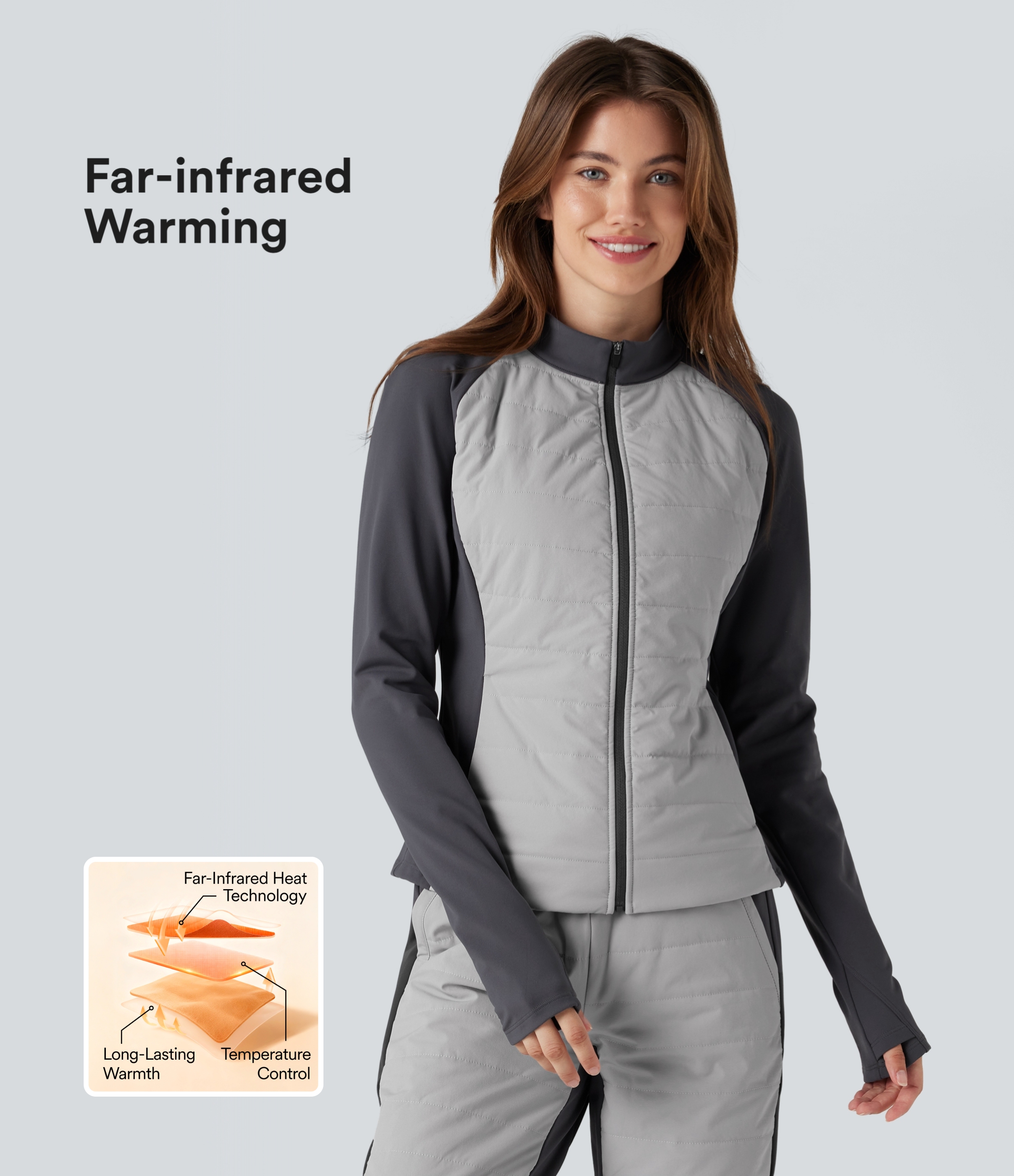 Stand Collar Thumb Holes Color Block Fleece Slim Hiking Quilted Jacket with Pockets