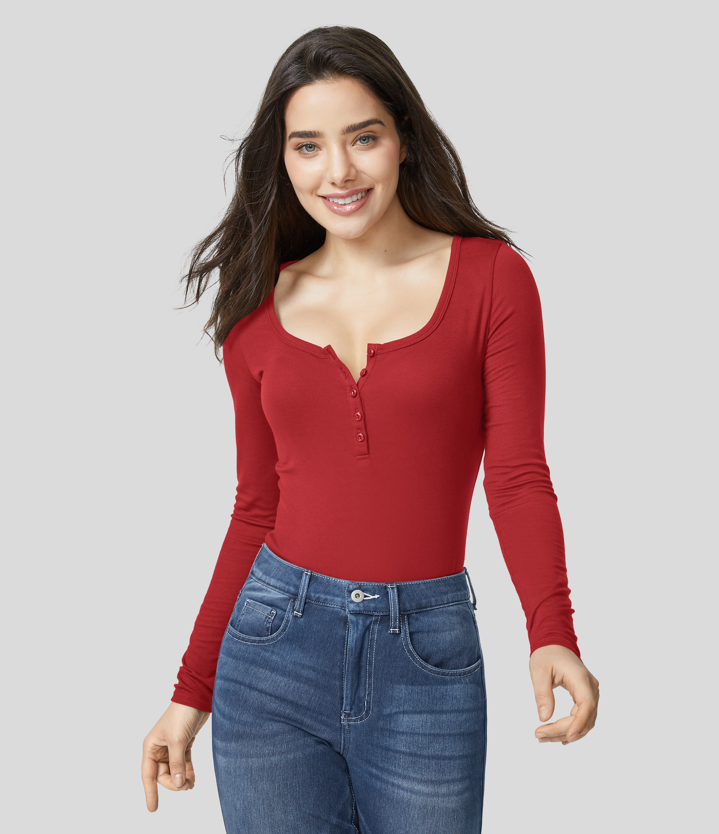 Ribbed Henley Neck Long Sleeve Slim Casual T-Shirt