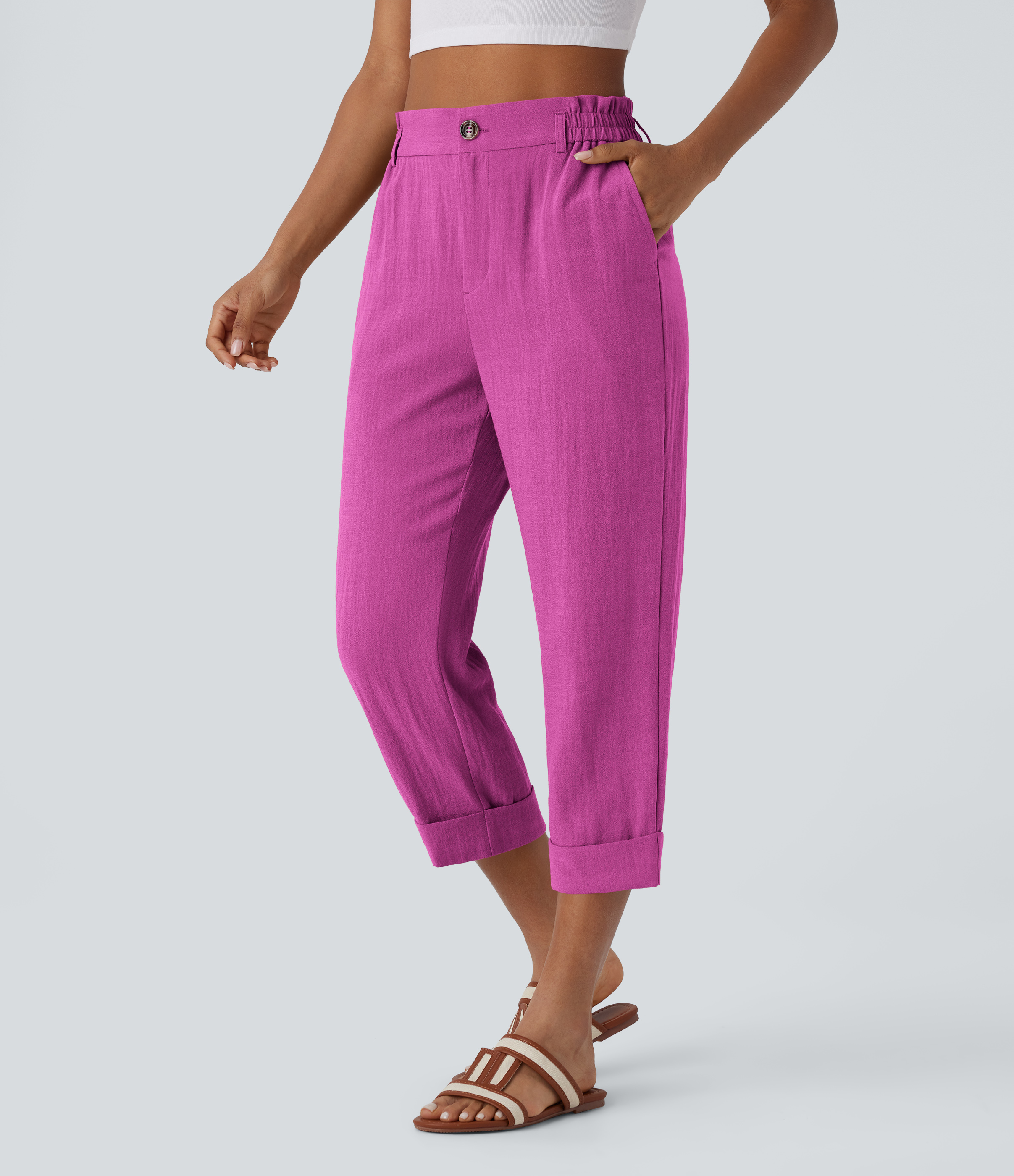 Capri-Hose mit hohem Bund und Seitentaschen - leinenähnliches Material