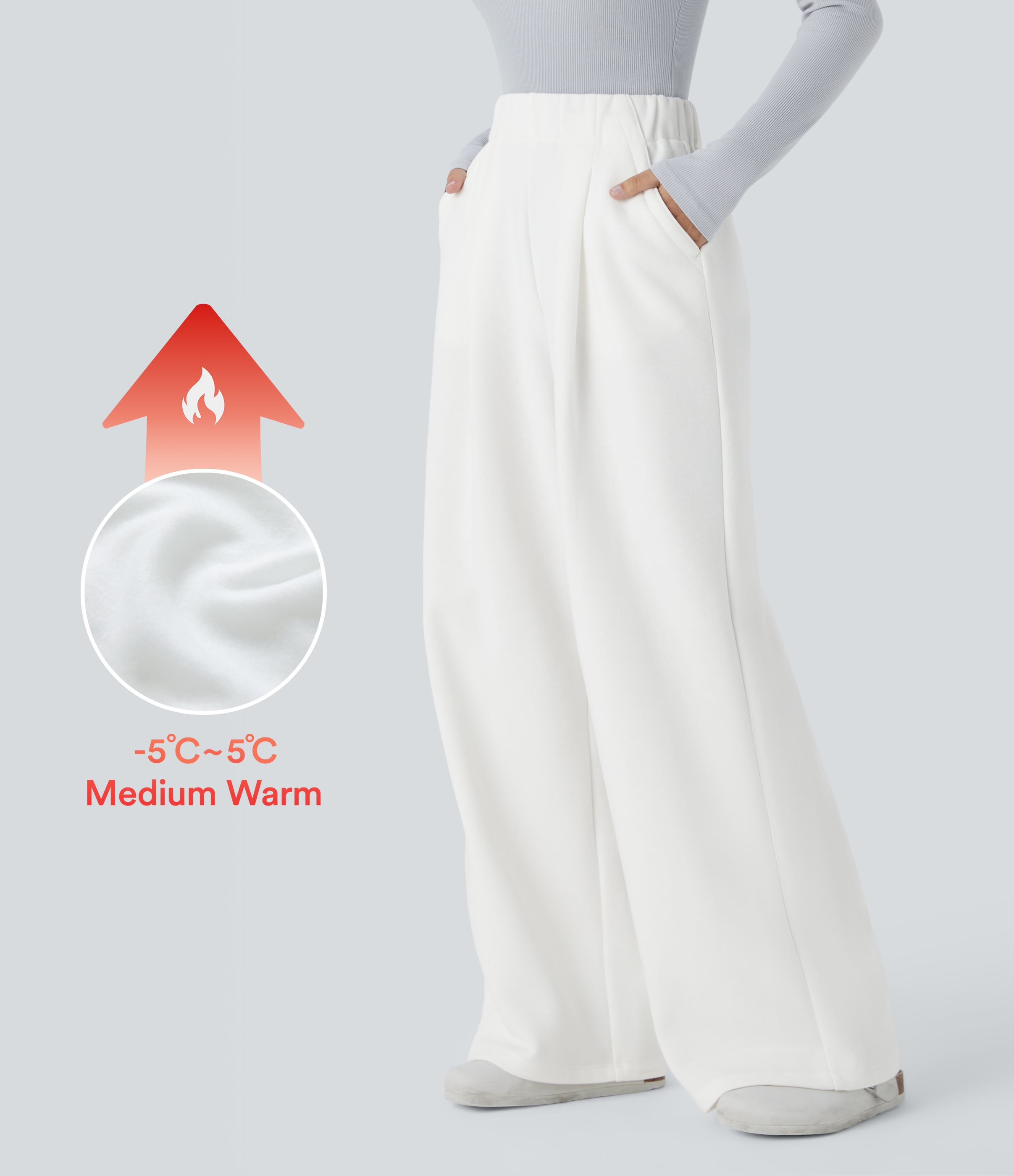 High Waisted Side Pocket Wide Leg Fleece Casual Trousers