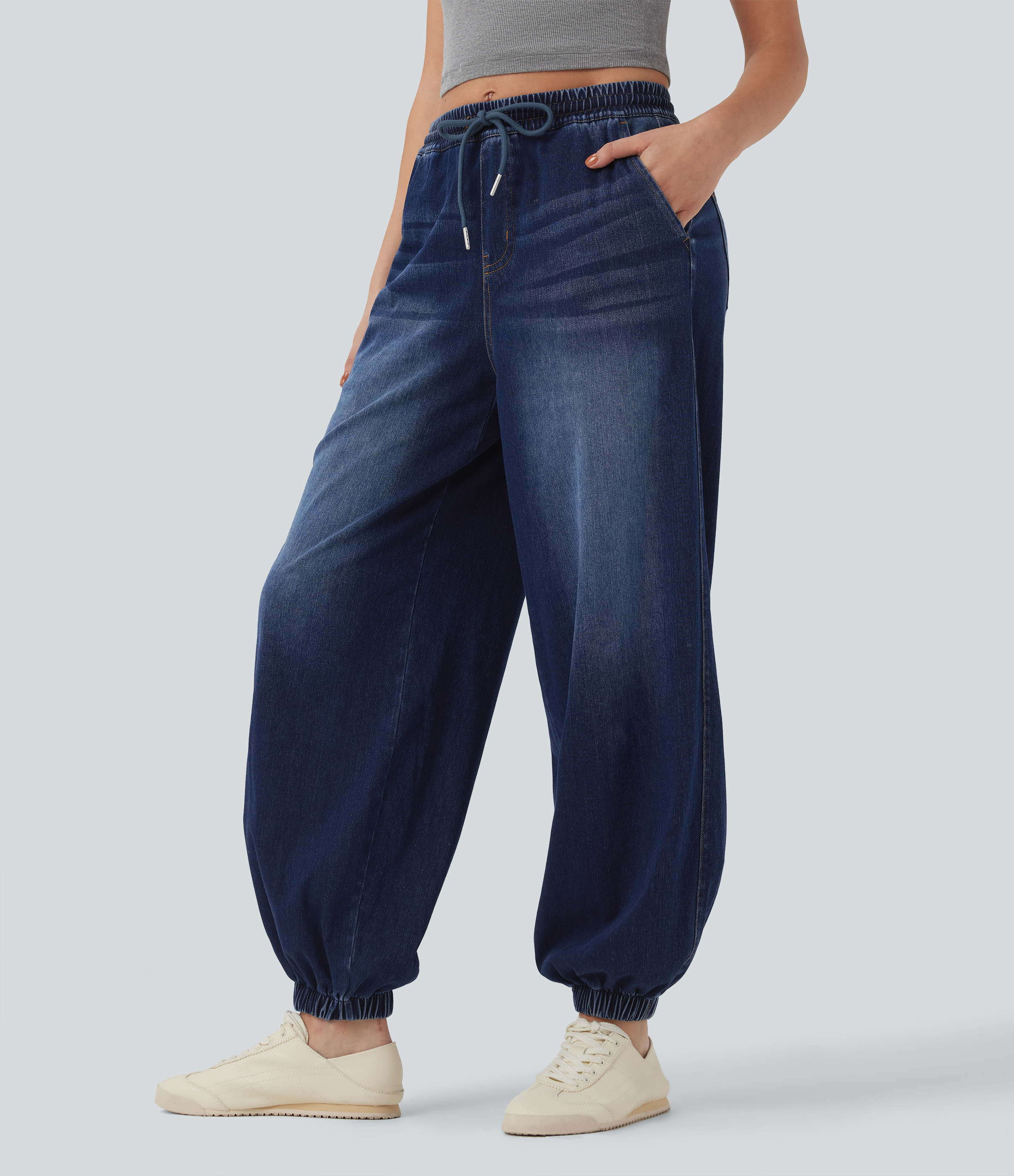 Estate Blue Denim Jean décontracté Halara Flex™ taille mi-haute avec cordon de serrage et pochesns / 2