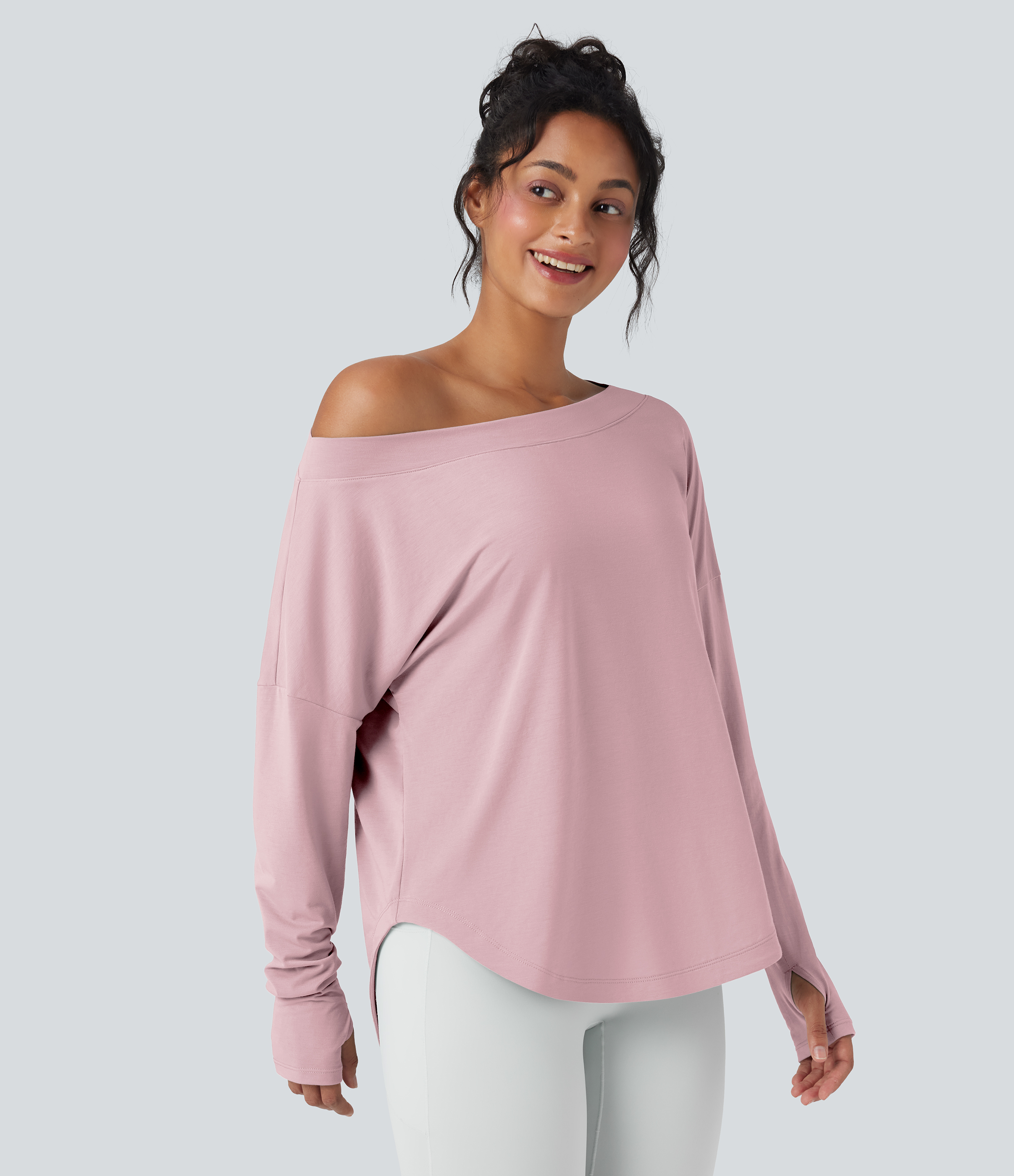 One Shoulder Long Sleeve Thumb Hole Curved Hem High Low Quick Dry Yoga Sports Top