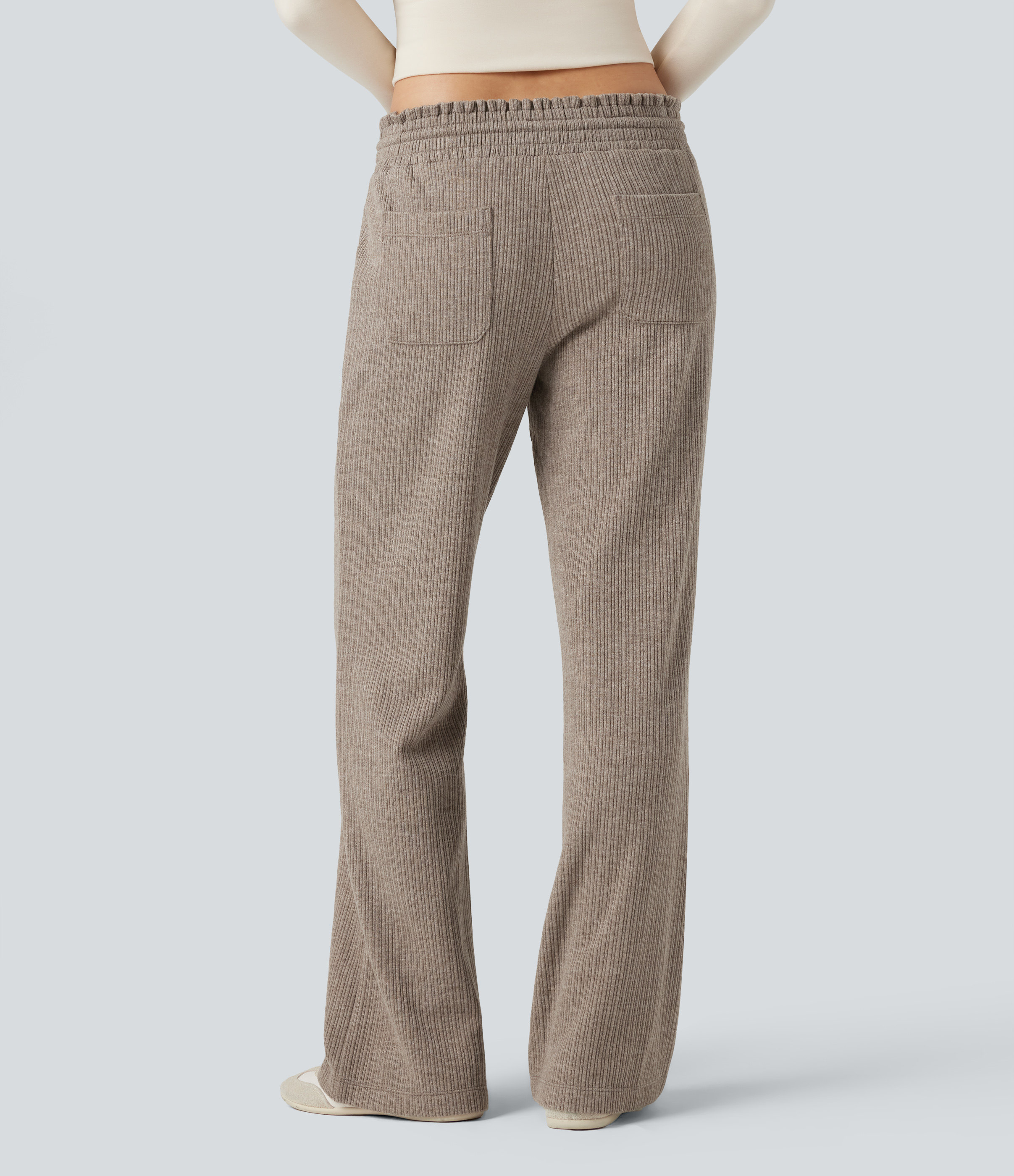 Mocha Meringue Ribbed Knit Low Rise Drawstring Casual Bootcut Pants with Pockets / 2