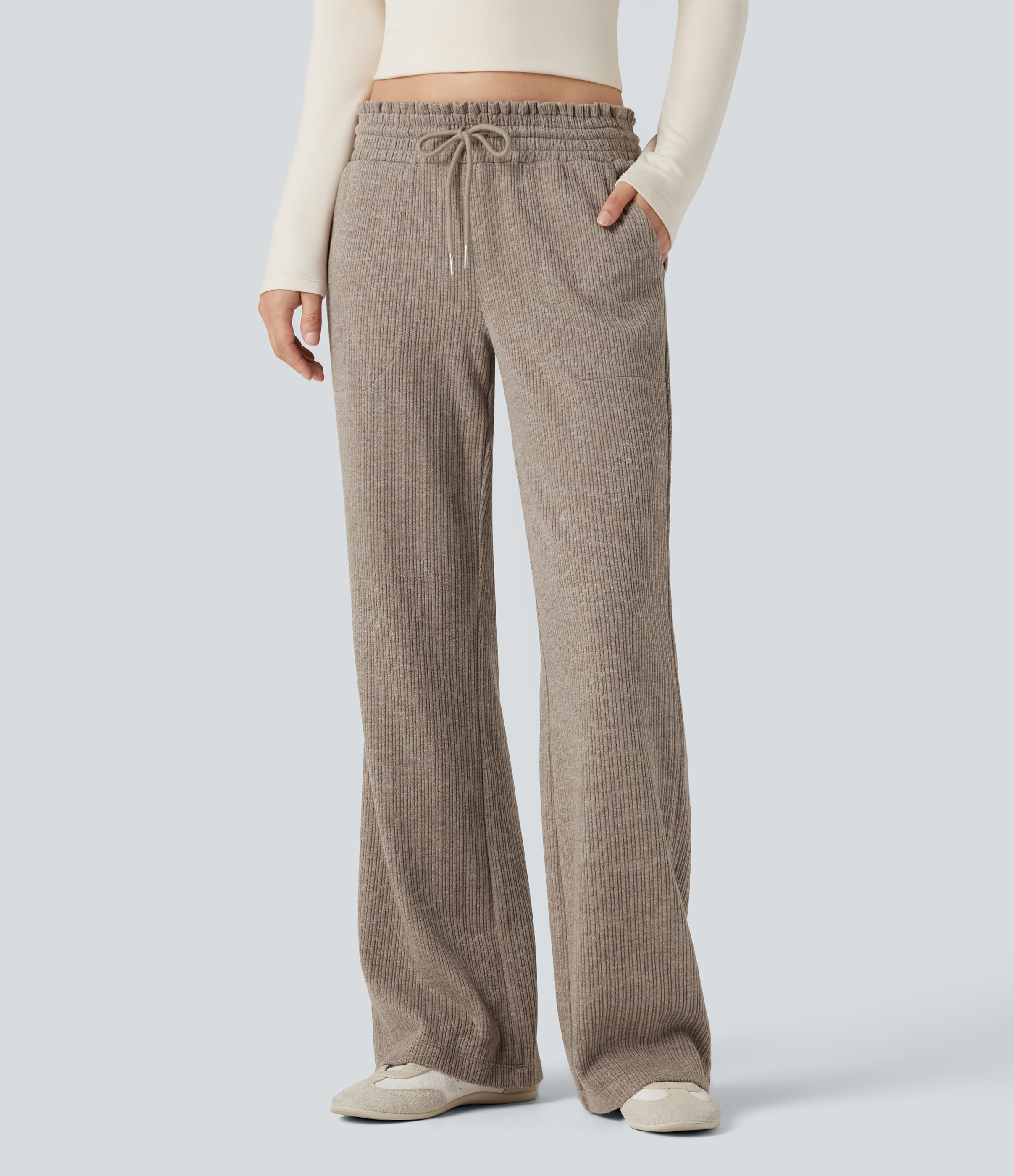 Ribbed Knit Low Rise Drawstring Casual Bootcut Trousers with Pockets