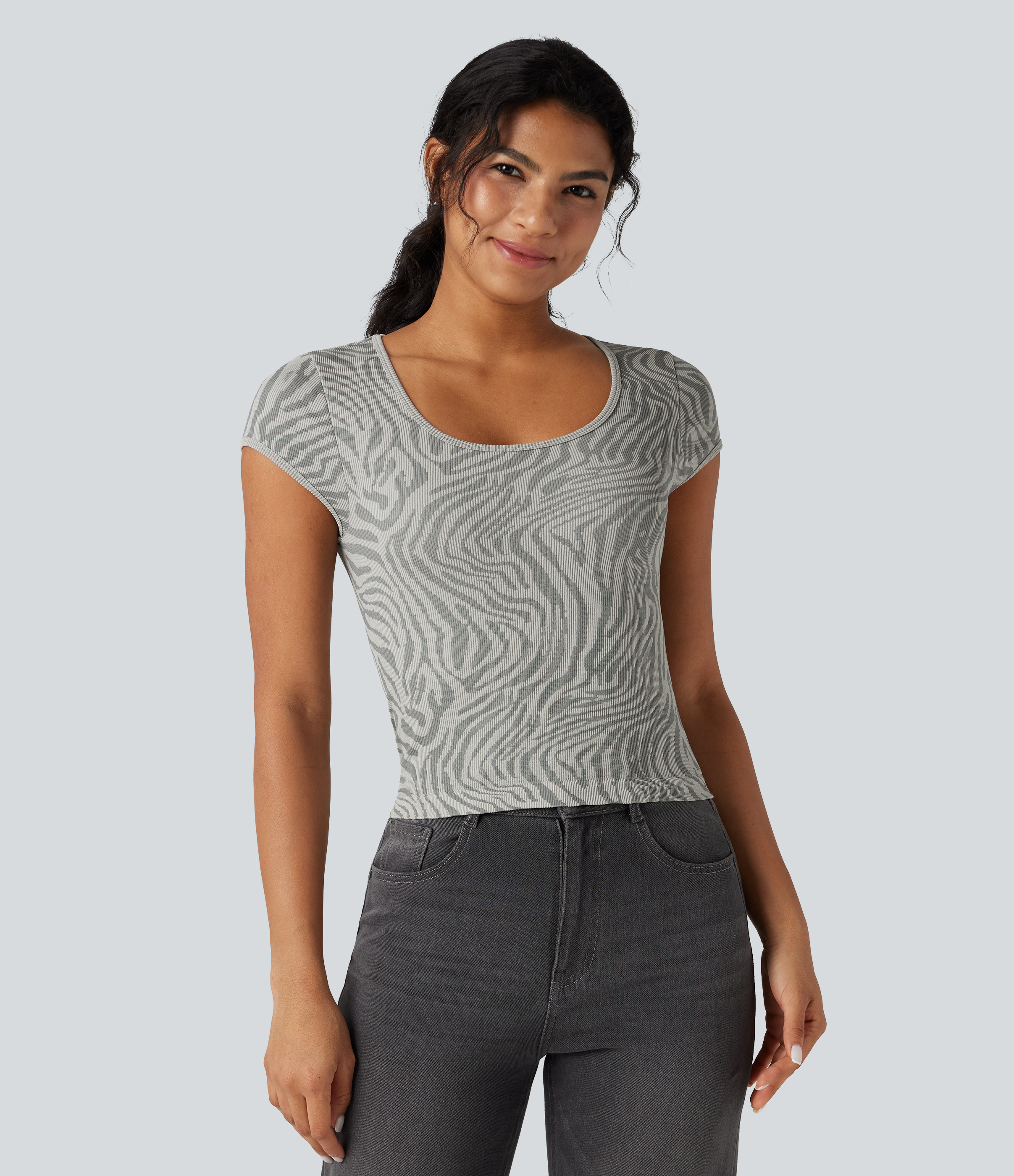 OneForm Seamless Flow U Neck Short Sleeve Zebra Print Casual Sports Top
