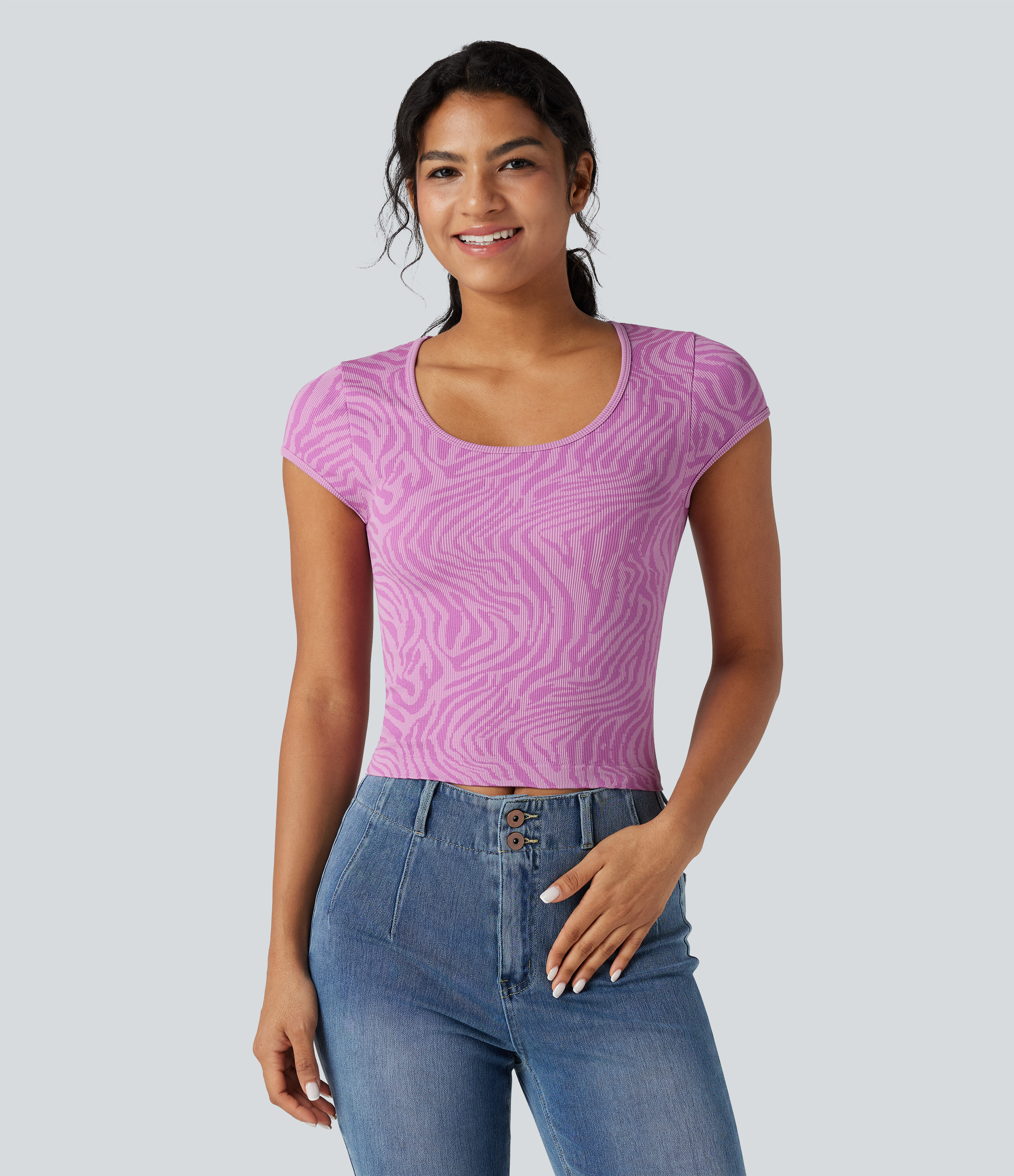 OneForm Seamless Flow U Neck Short Sleeve Zebra Print Casual Sports Top