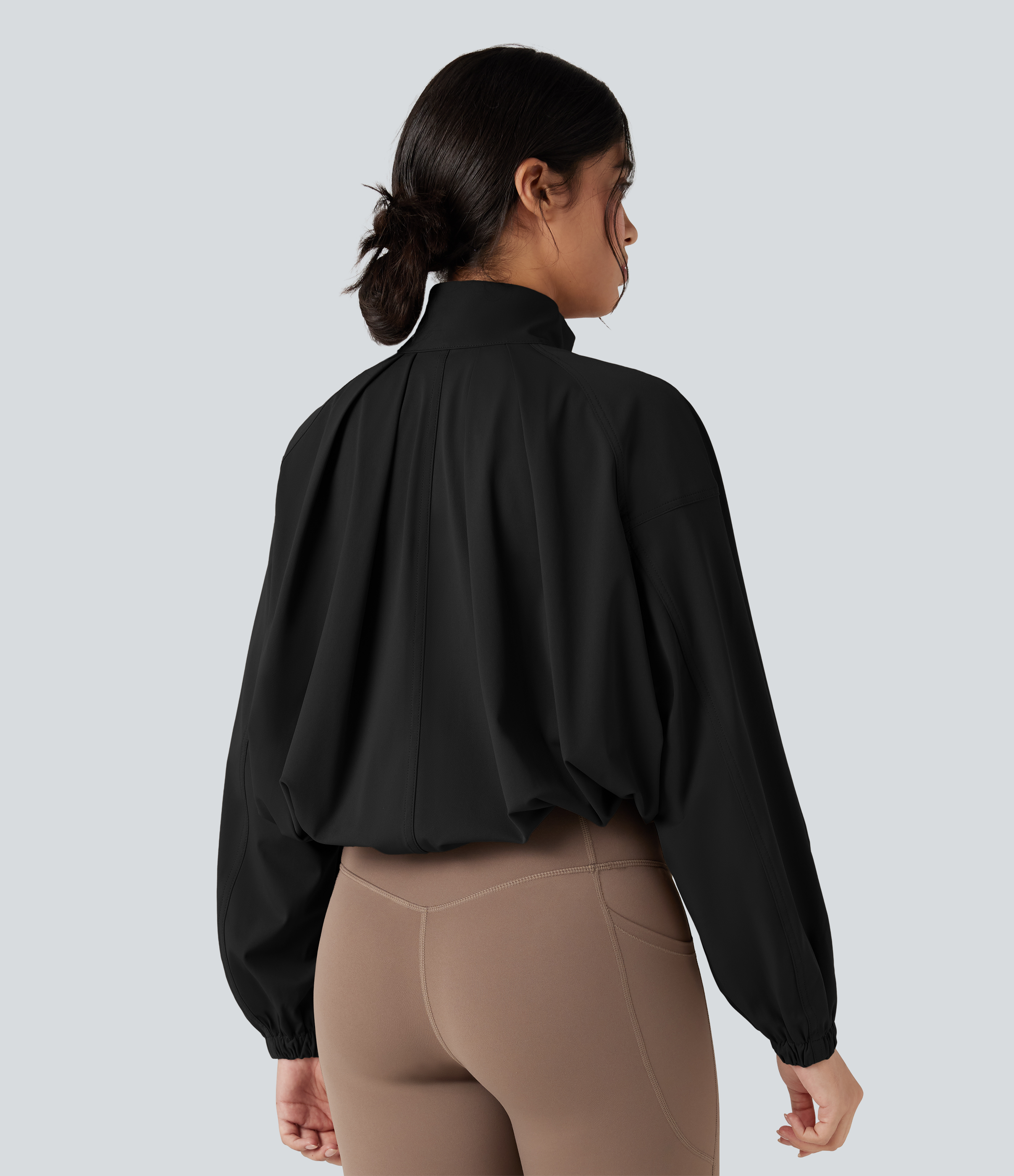 High-neck Long Sleeve Drawstring Hem Workout Jacket with Pockets