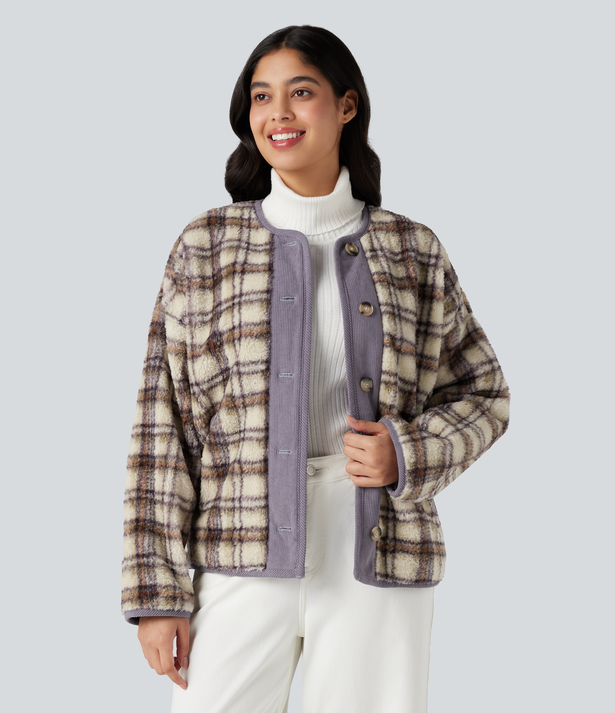 Round Neck Long Sleeve Plaid Casusal Sherpa Jacket with Pockets