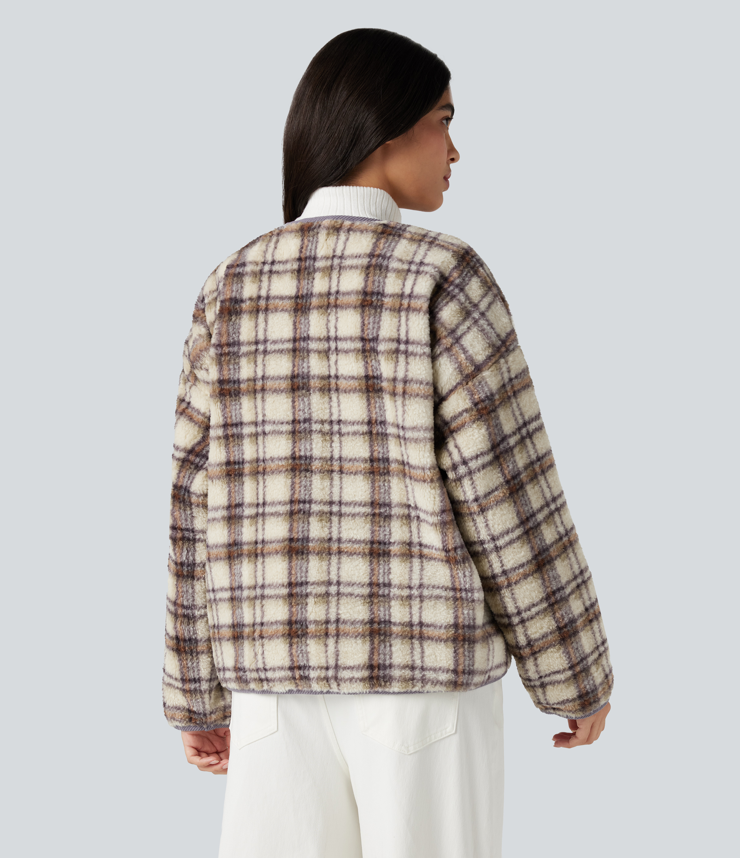 Warm Taupe Plaid Veste décontractée sherpa à carreaux, col rond, manches longues, avec poches / 2