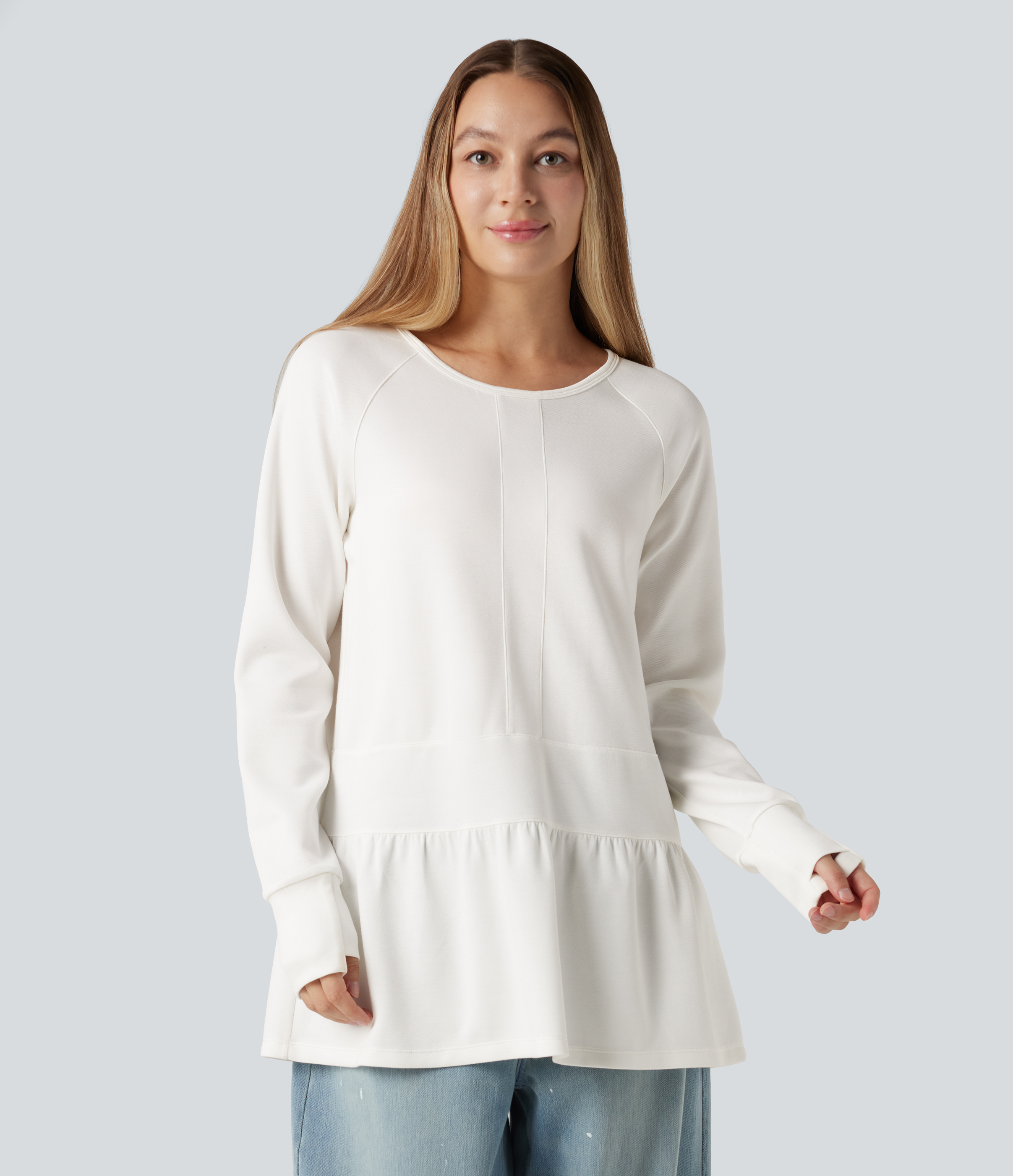 Crew Neck Long Sleeve Thumb Holes Ruffle Hem Casual Sweatshirt