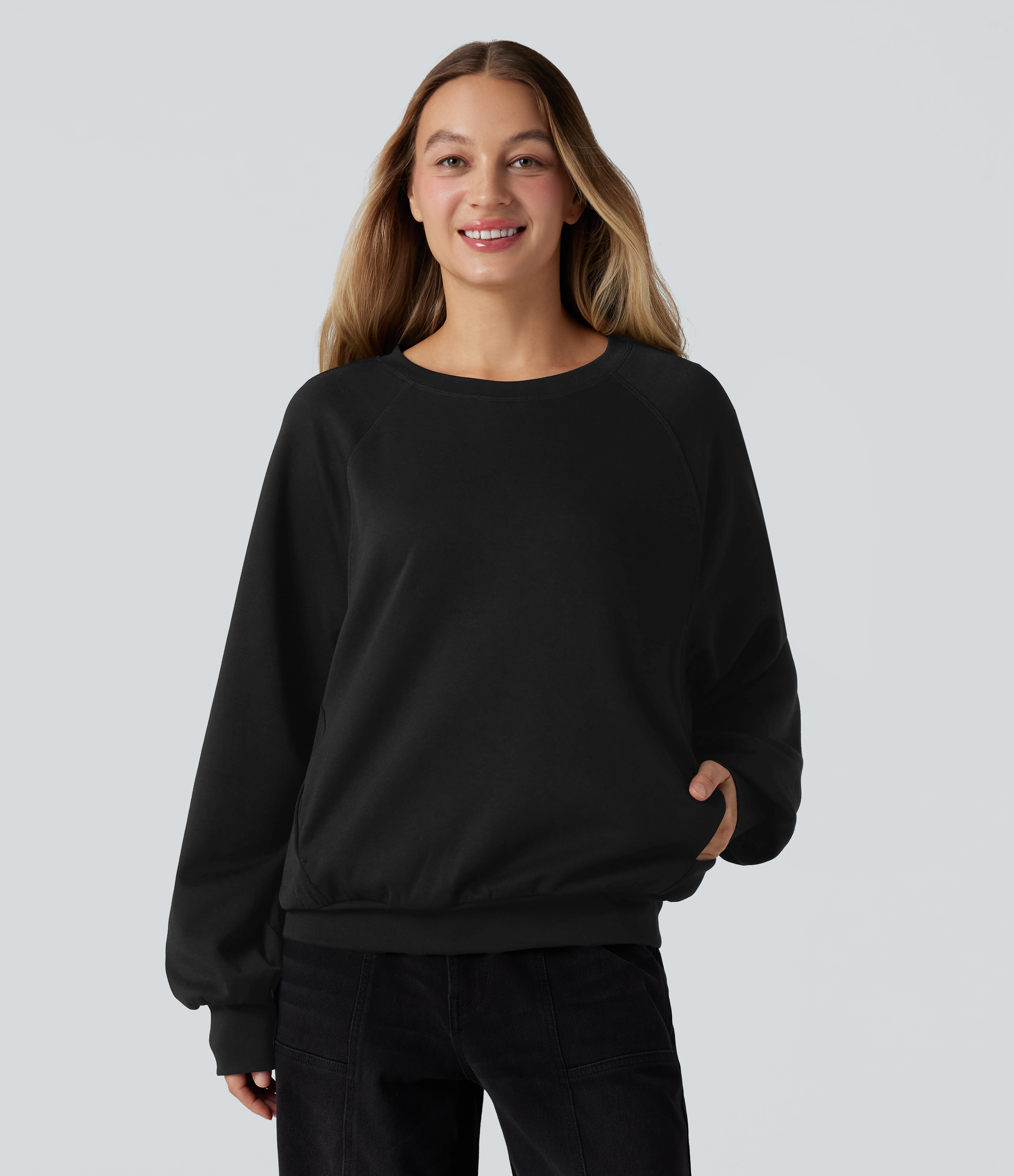 Round Neck Long Sleeve Cut Out Casual Sweatshirt with Pockets