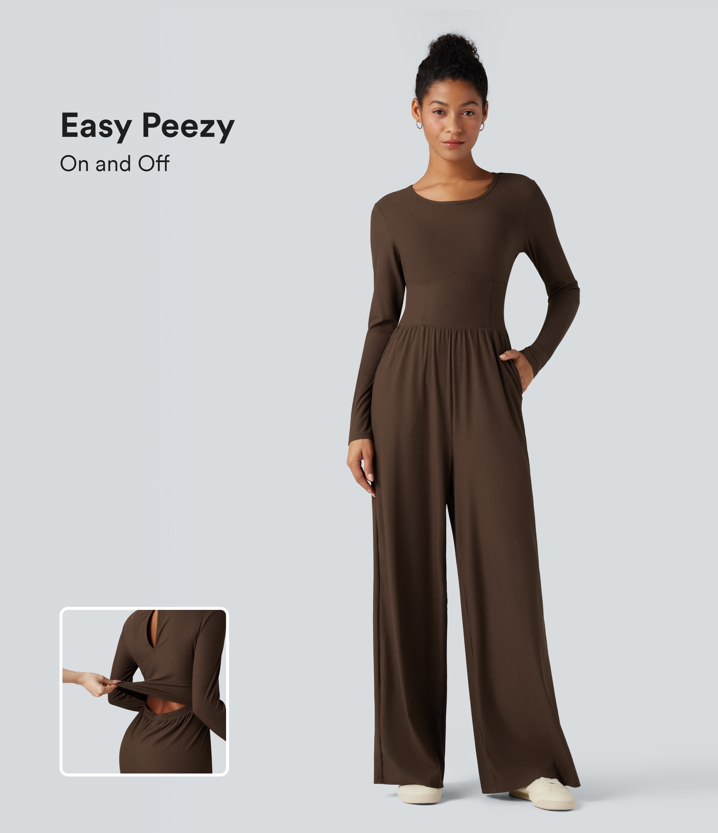 Ribbed Round Neck Long Sleeve Corset Casual Jumpsuit with Pockets-Easy Peezy Edition