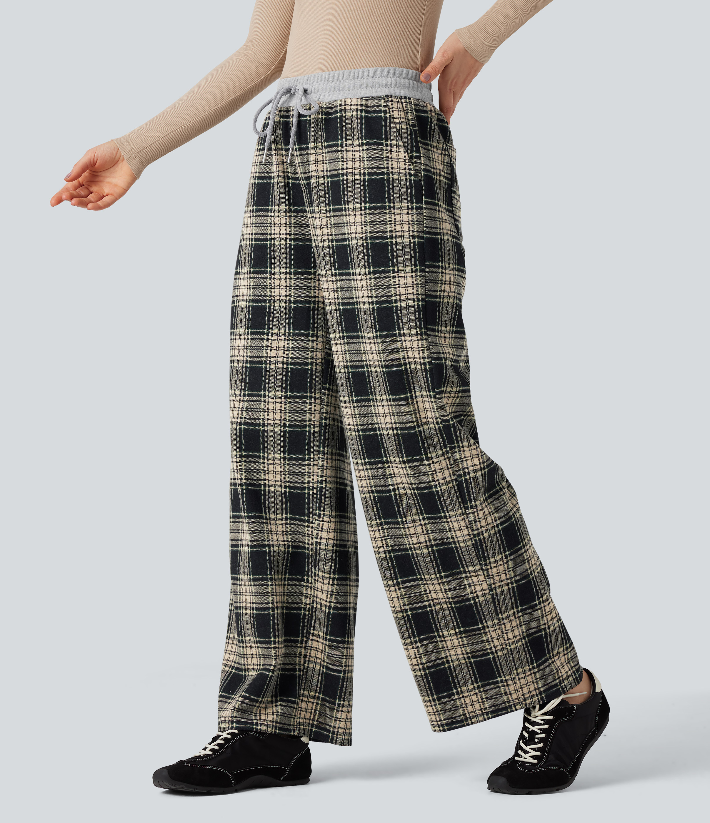 Halara Flex™ Mid Rise Drawstring Wide Leg Plaid Work Pants with Pockets