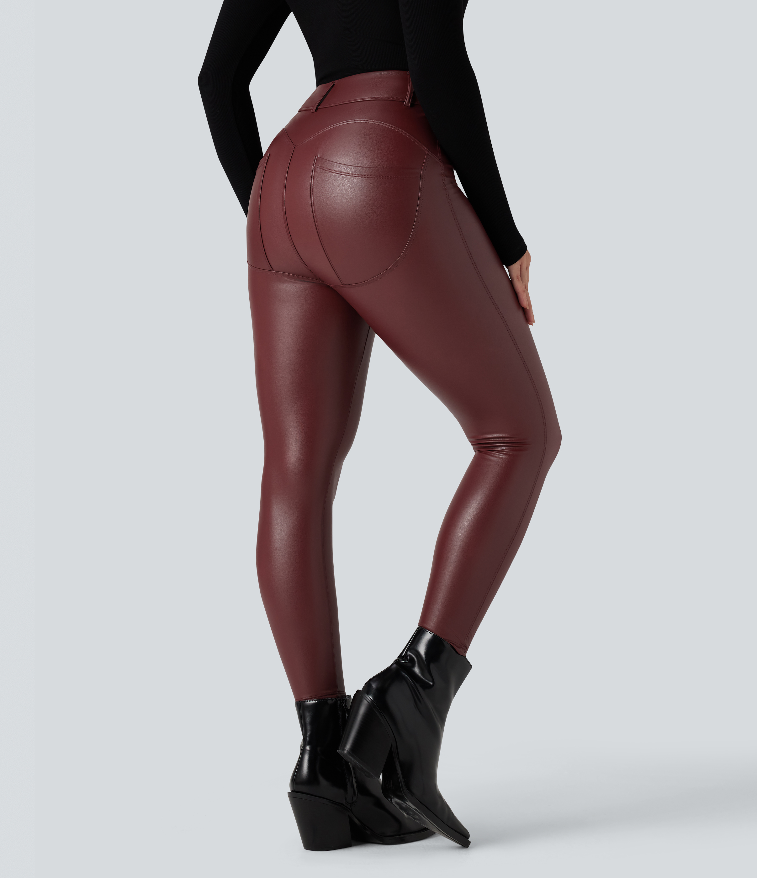 High Waisted Stretchy PU Fleece Casual Leggings with Pockets
