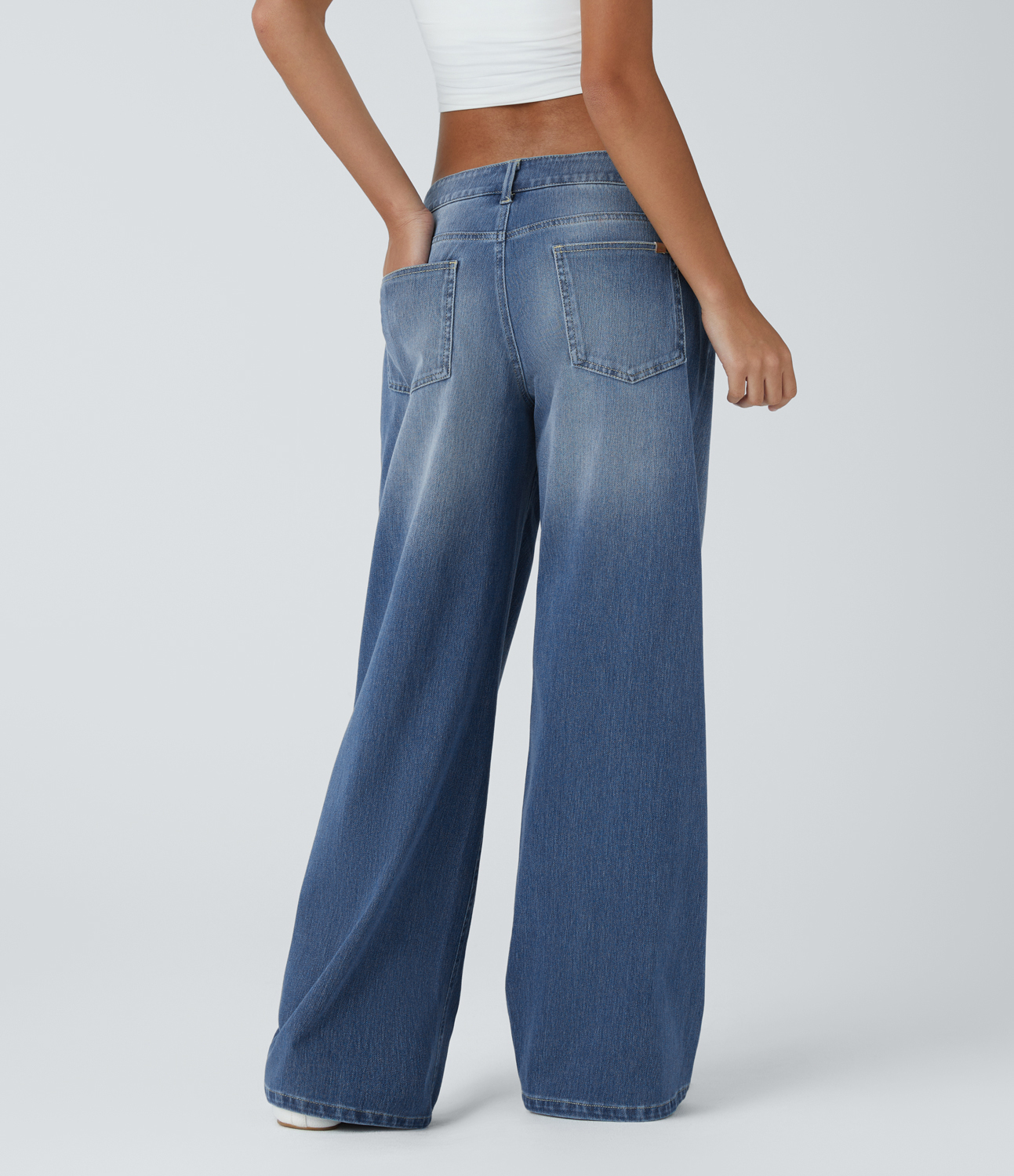 Blue Spruce Denim Halara Flex™ Asymmetric Low Rise Zipper Pockets Baggy Wide Leg Washed Casual Jeans / 2