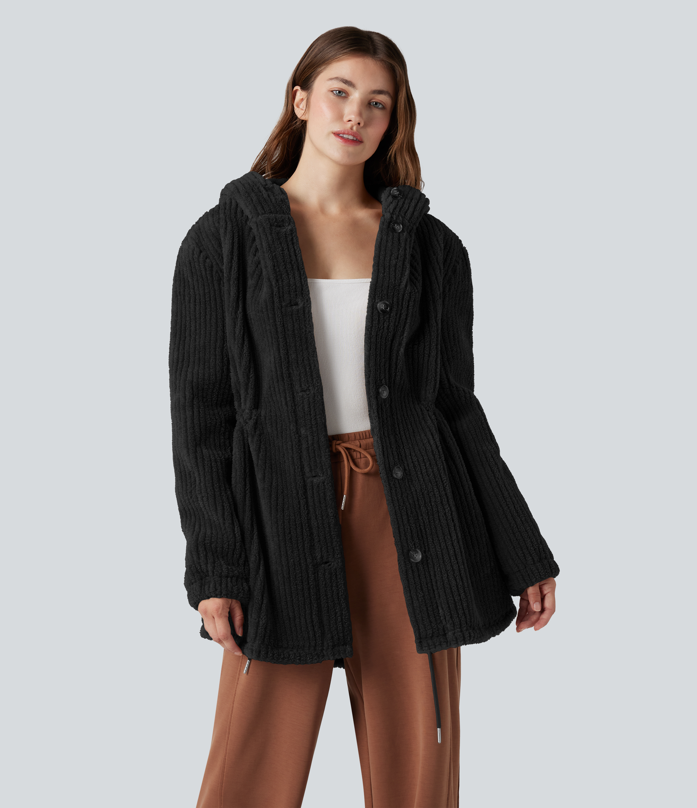 Hooded Drawstring Curved Hem Relaxed Casual Sherpa Jacket with Pockets