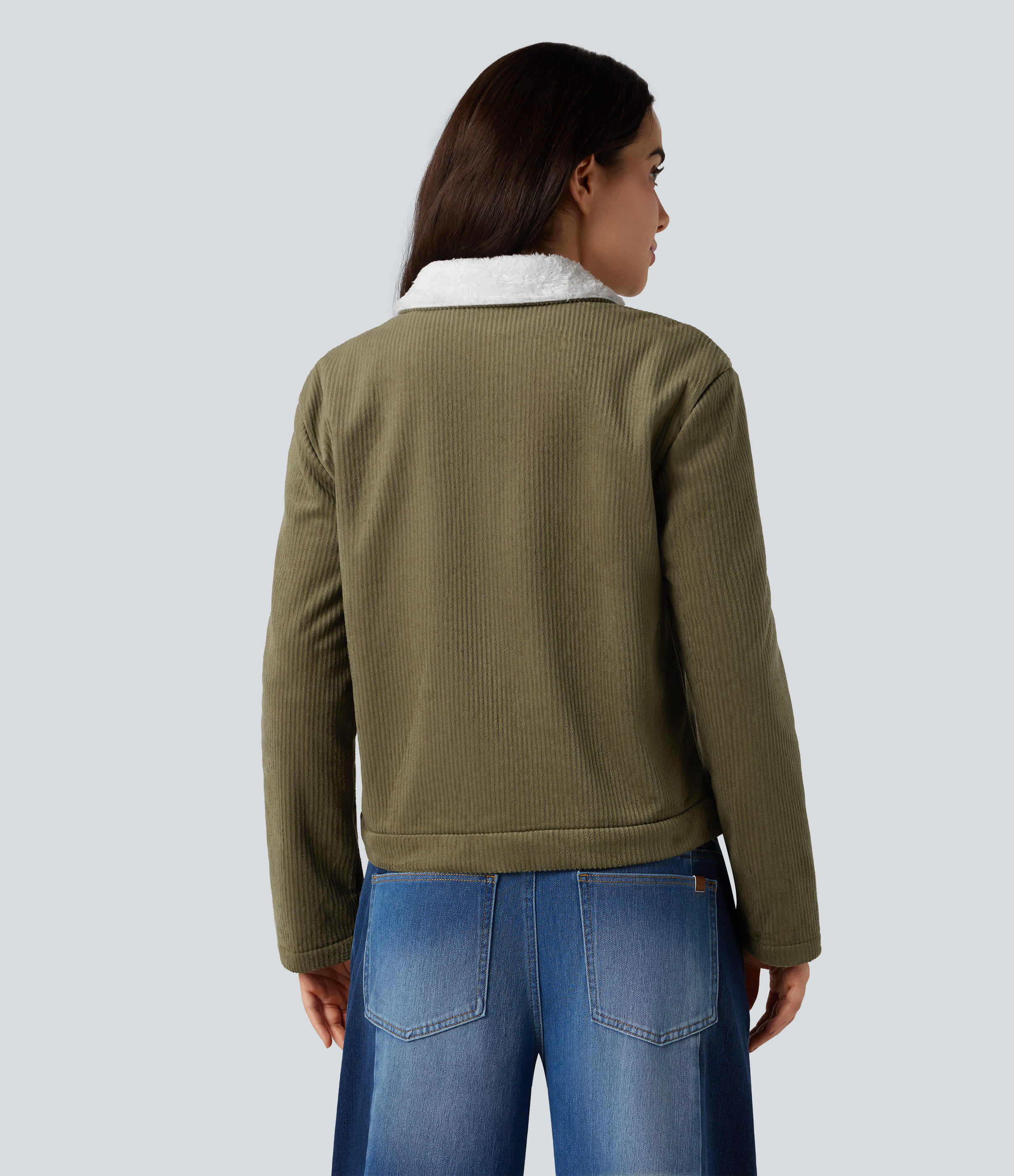 Martini Olive Long Sleeve Casual Corduroy Sherpa Jacket with Pockets / 2