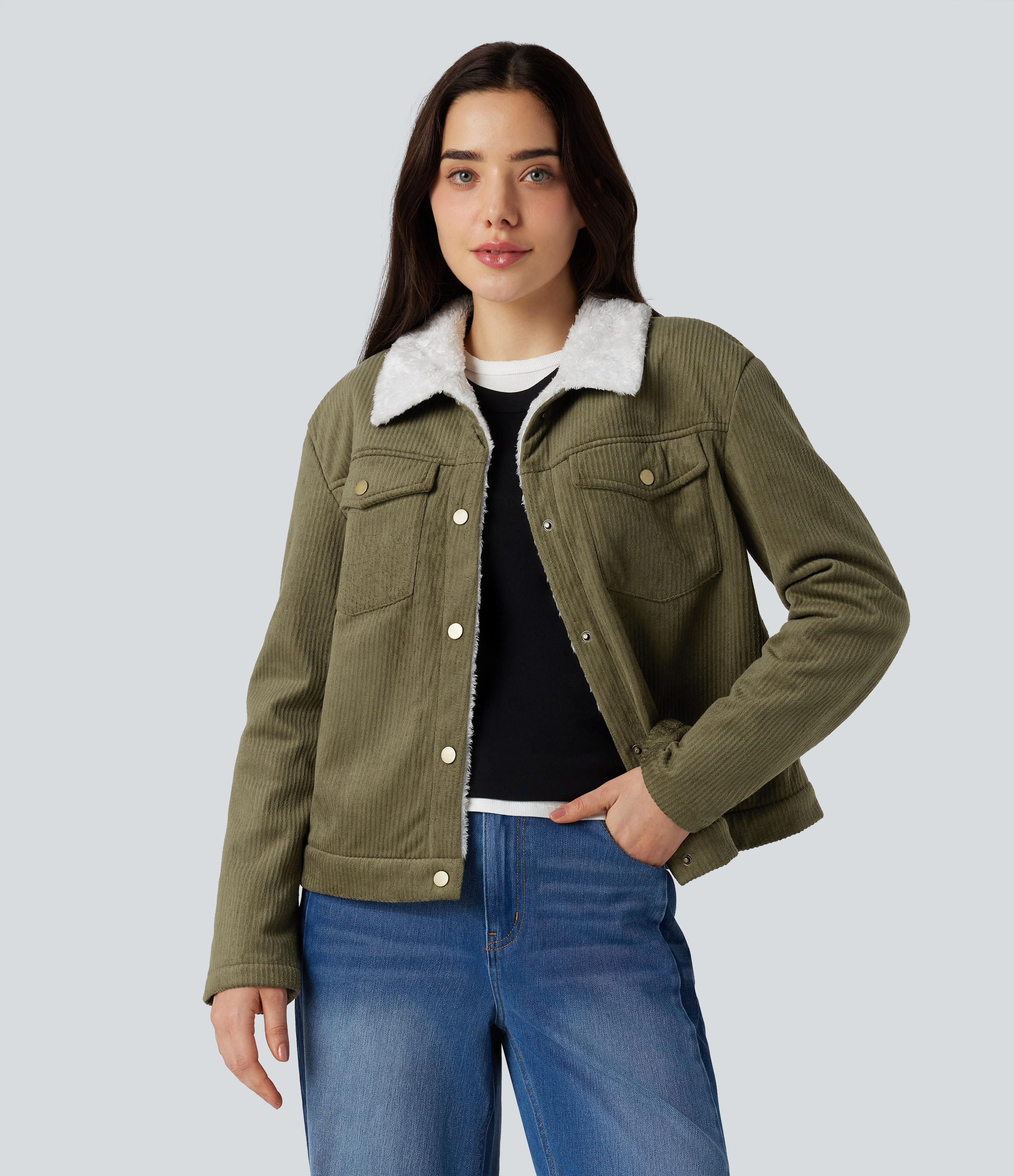 Long Sleeve Casual Corduroy Sherpa Jacket with Pockets