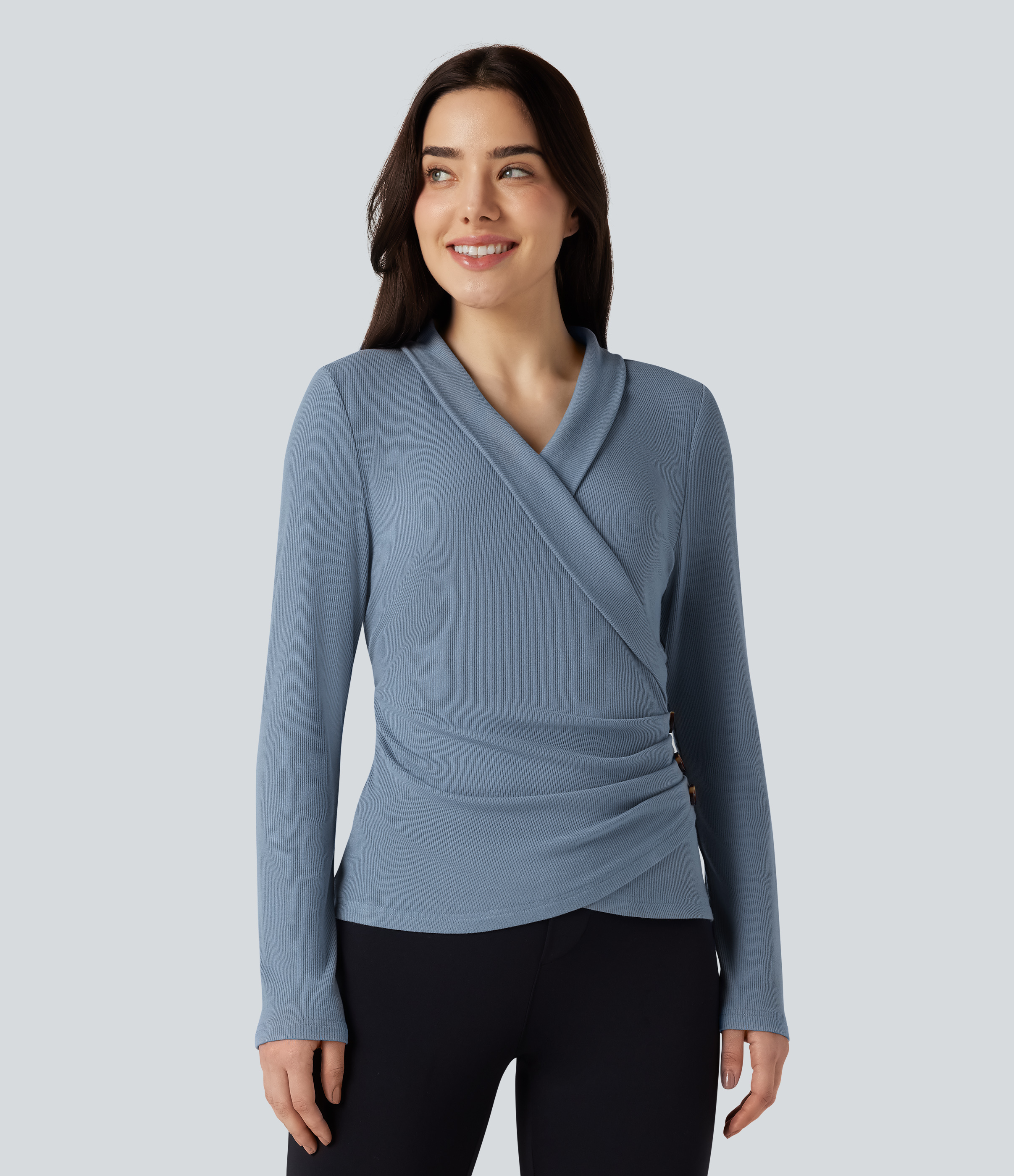 Faded Denim Ribbed Knit V-neck Crossover Long Sleeve Work Top / 2