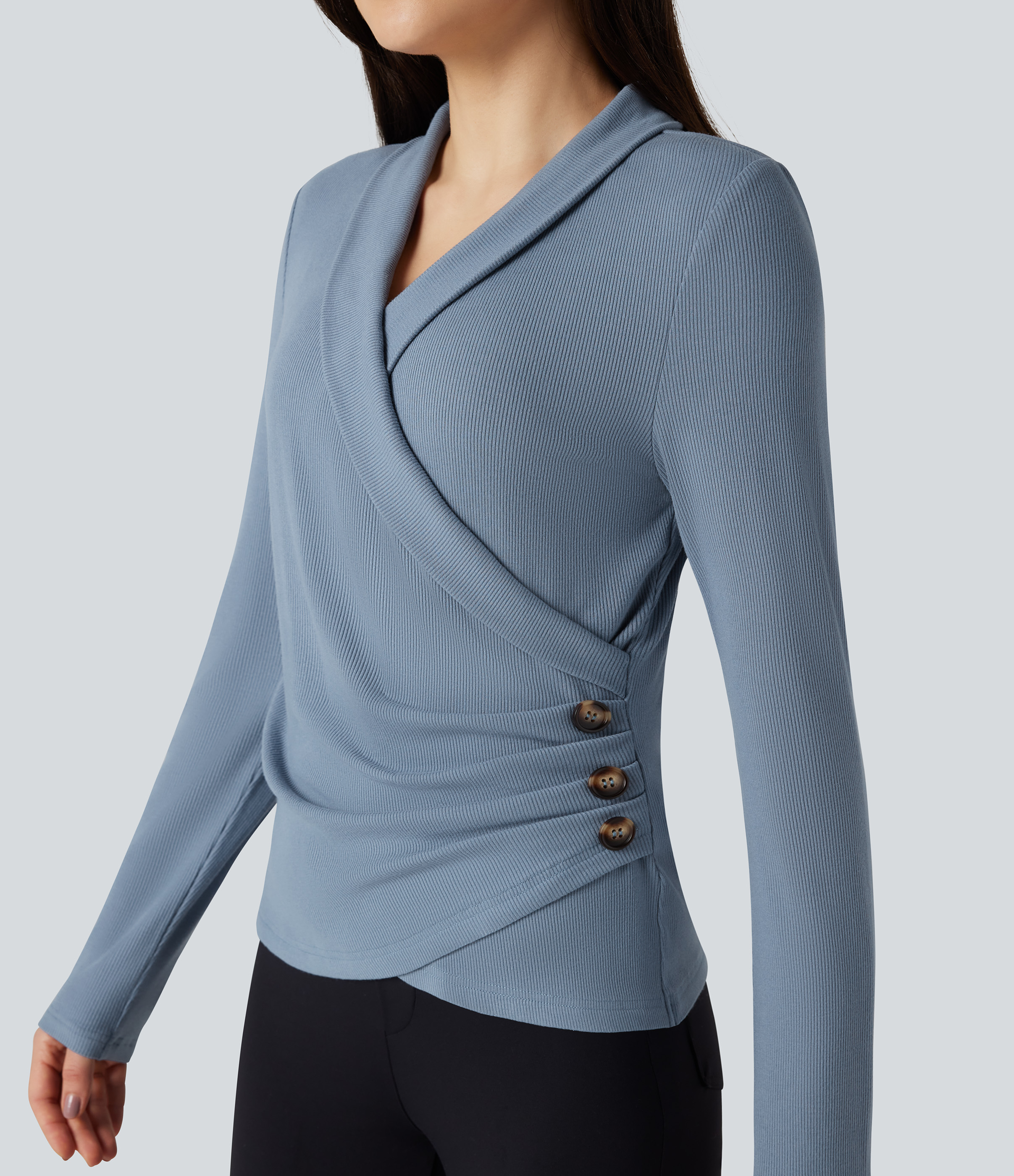 Ribbed Knit V-neck Crossover Long Sleeve Work Top