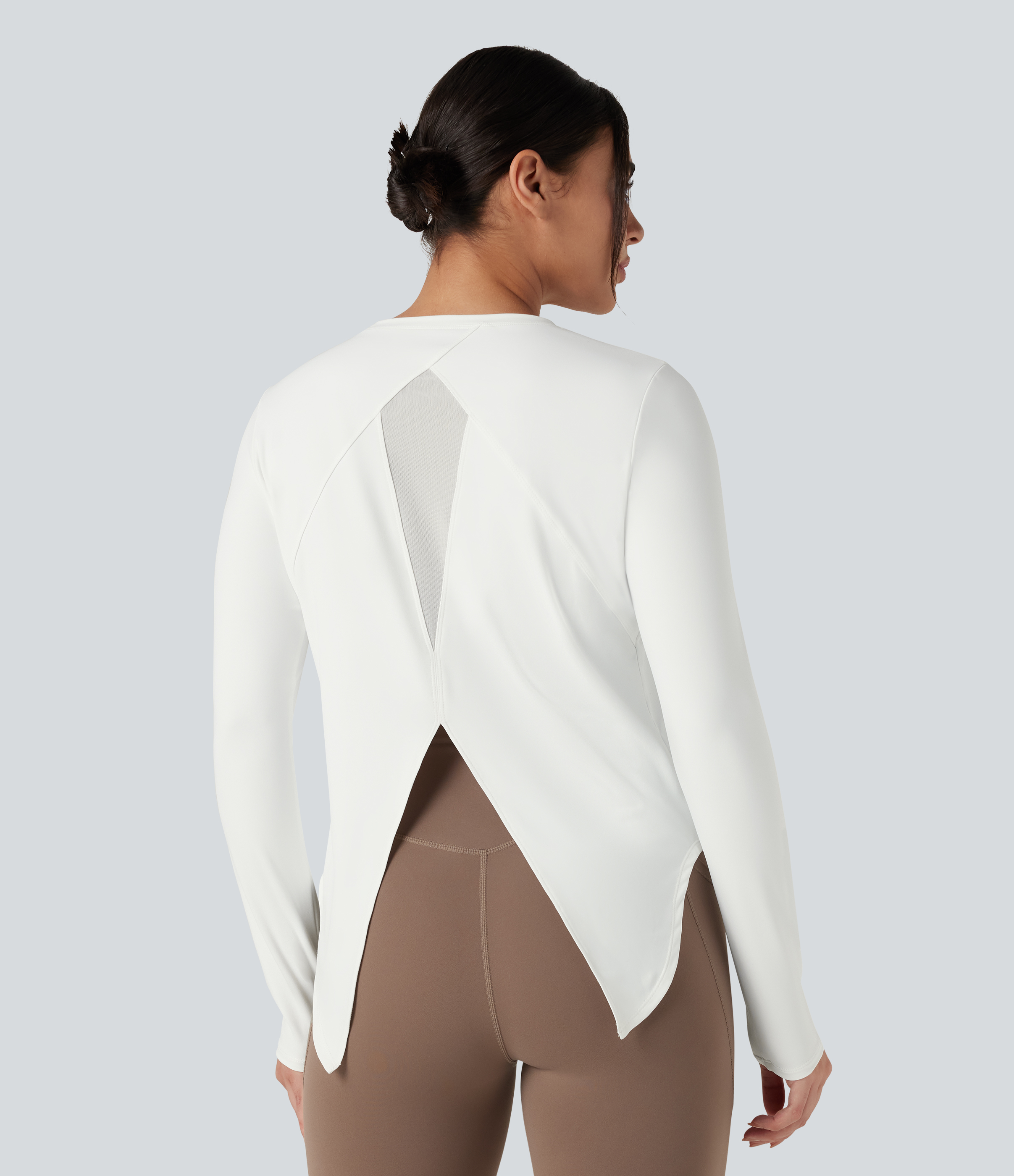 White Top de sport running col rond mesh contrastant liens dans le dos manches longues / 1