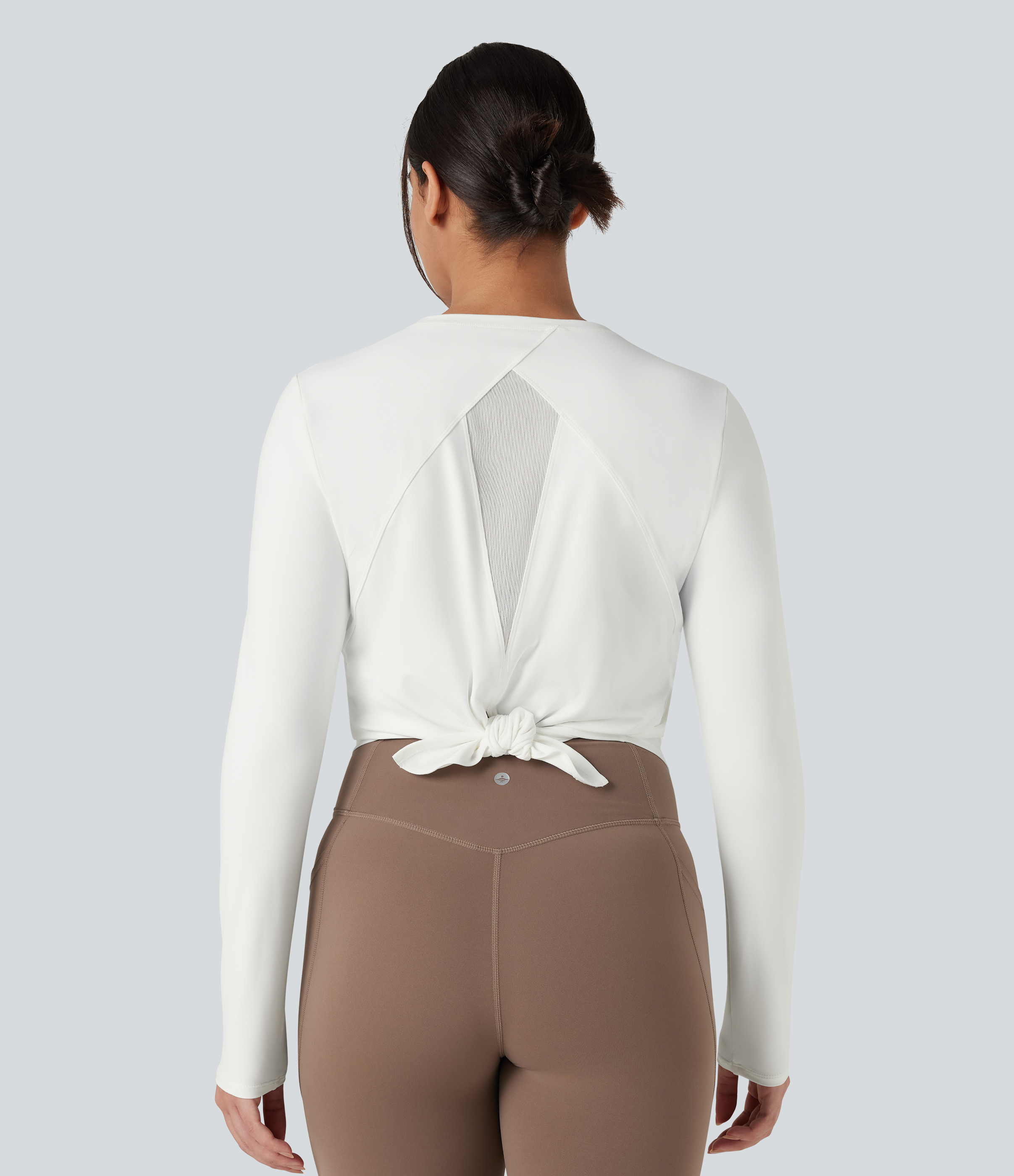 White Top de sport running col rond mesh contrastant liens dans le dos manches longues / 2