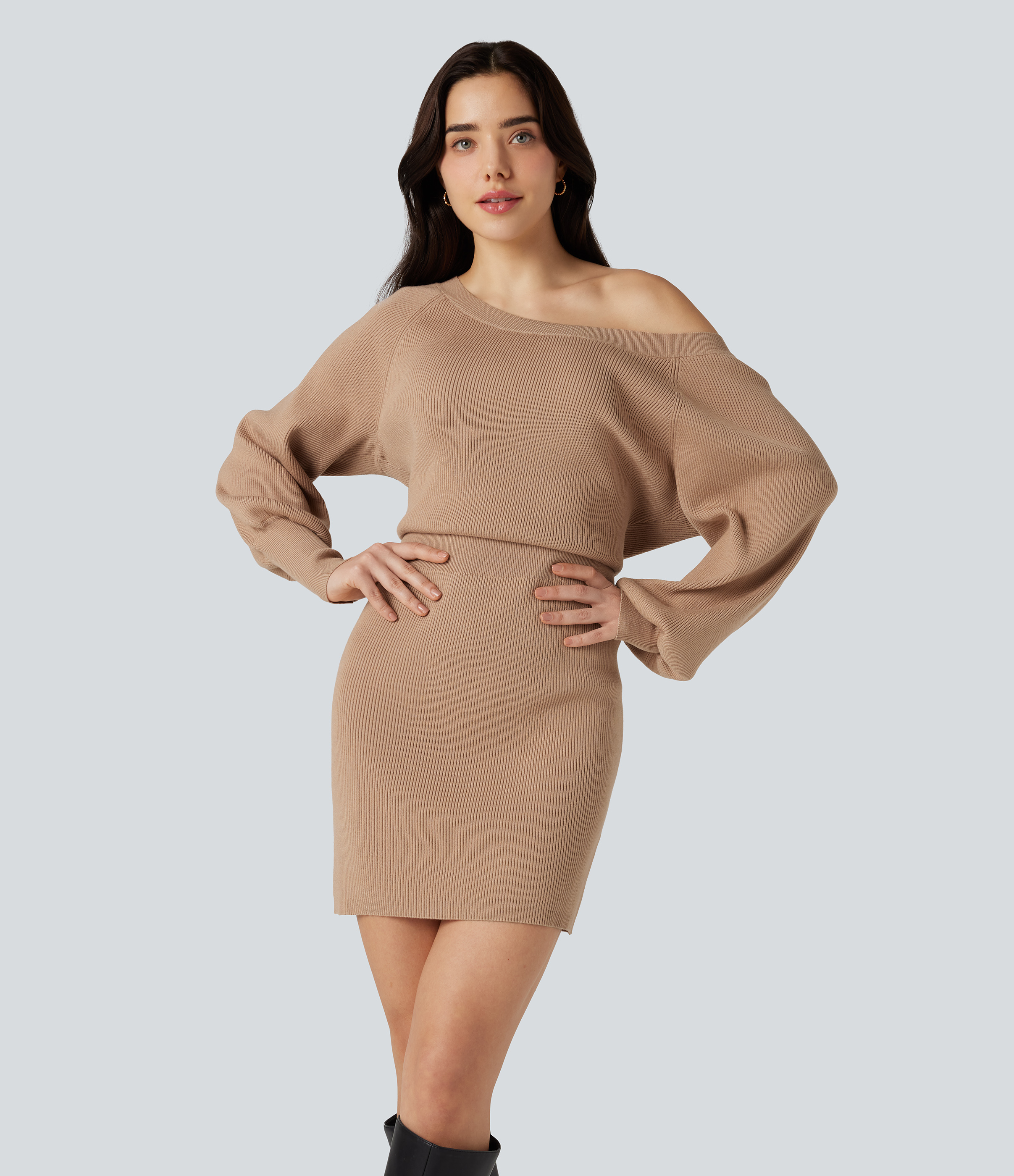 Boat Neck Long Sleeve Bodycon Mini Work Jumper Dress