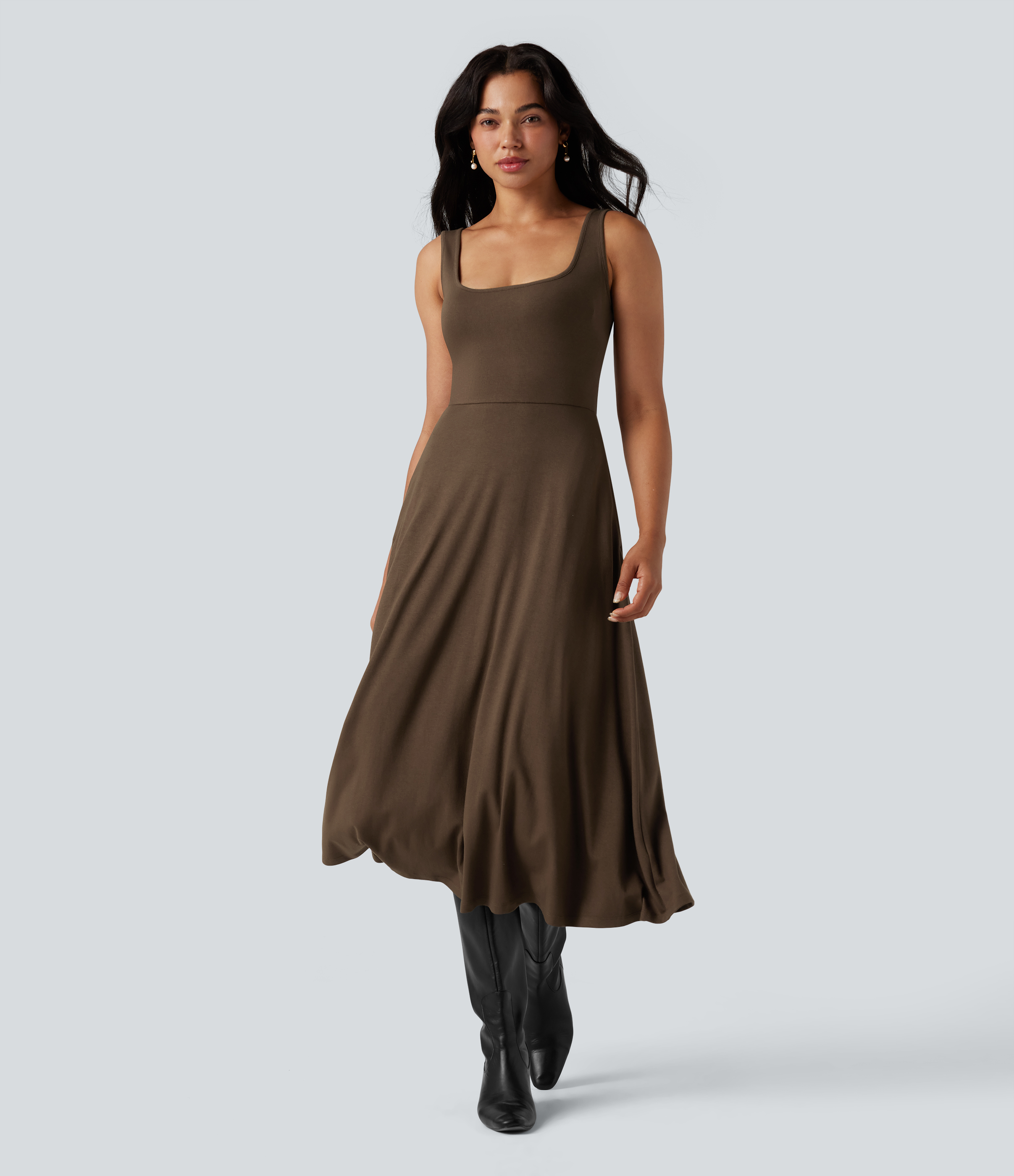 U-Neck Sleeveless Midi Flowy Party Dress with Pockets