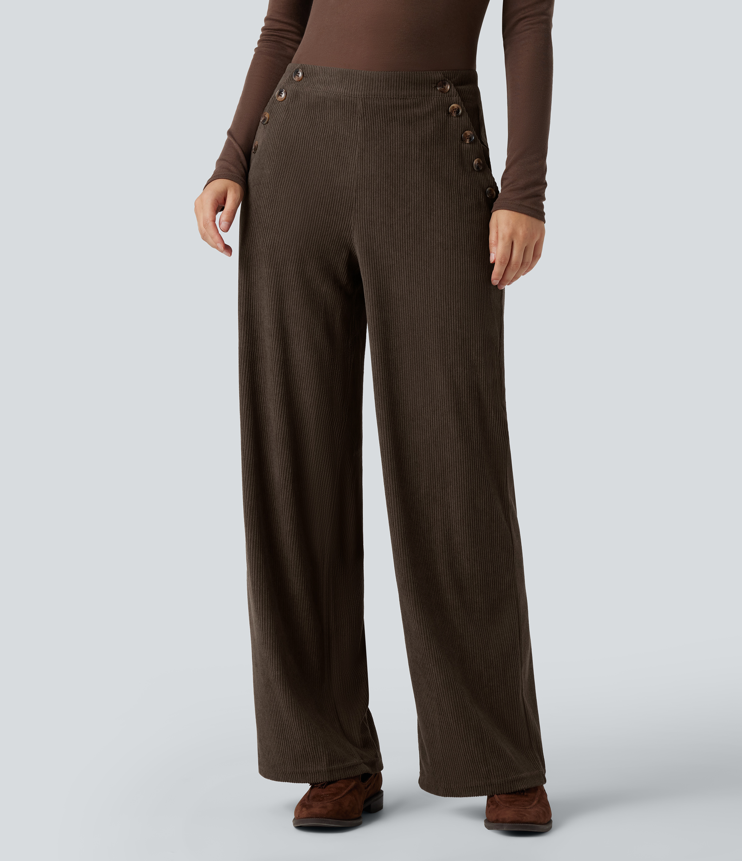 High Waisted Straight Leg Corduroy Casual Pants with Pockets