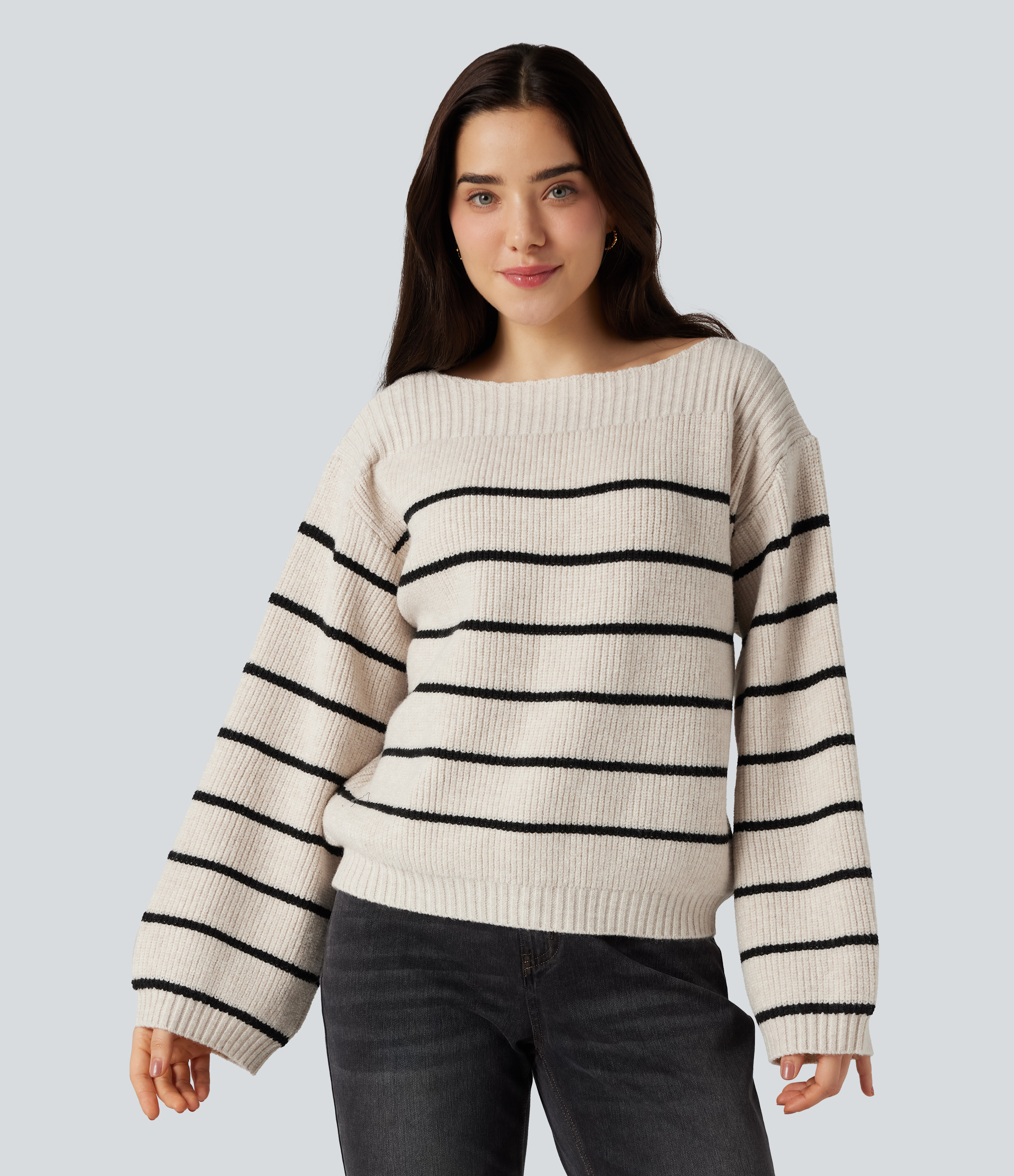Women's Boat Neck Long Sleeve Stripes Work Sweater - Halara