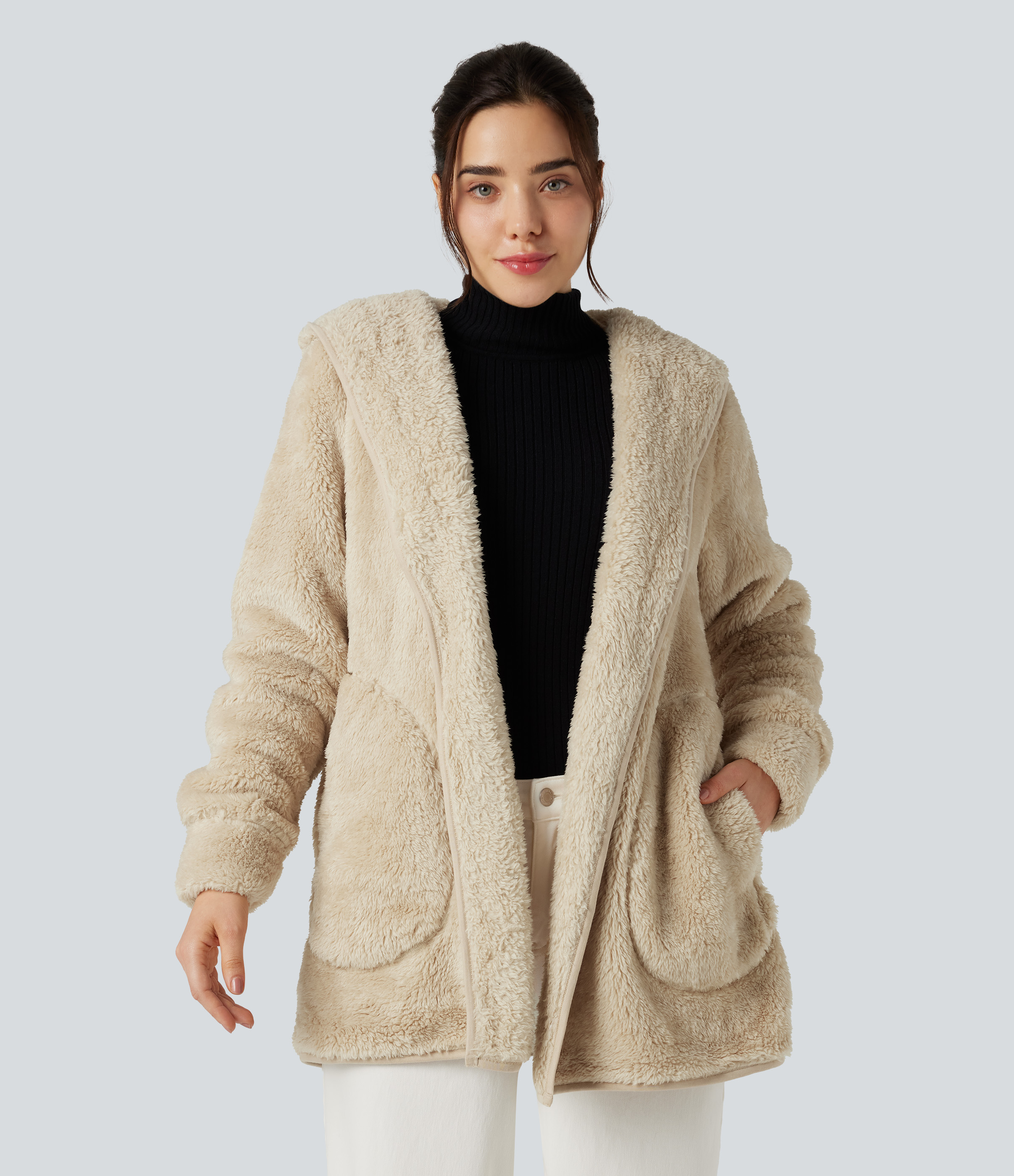 Manteau teddy à capuche manches longues avec poches