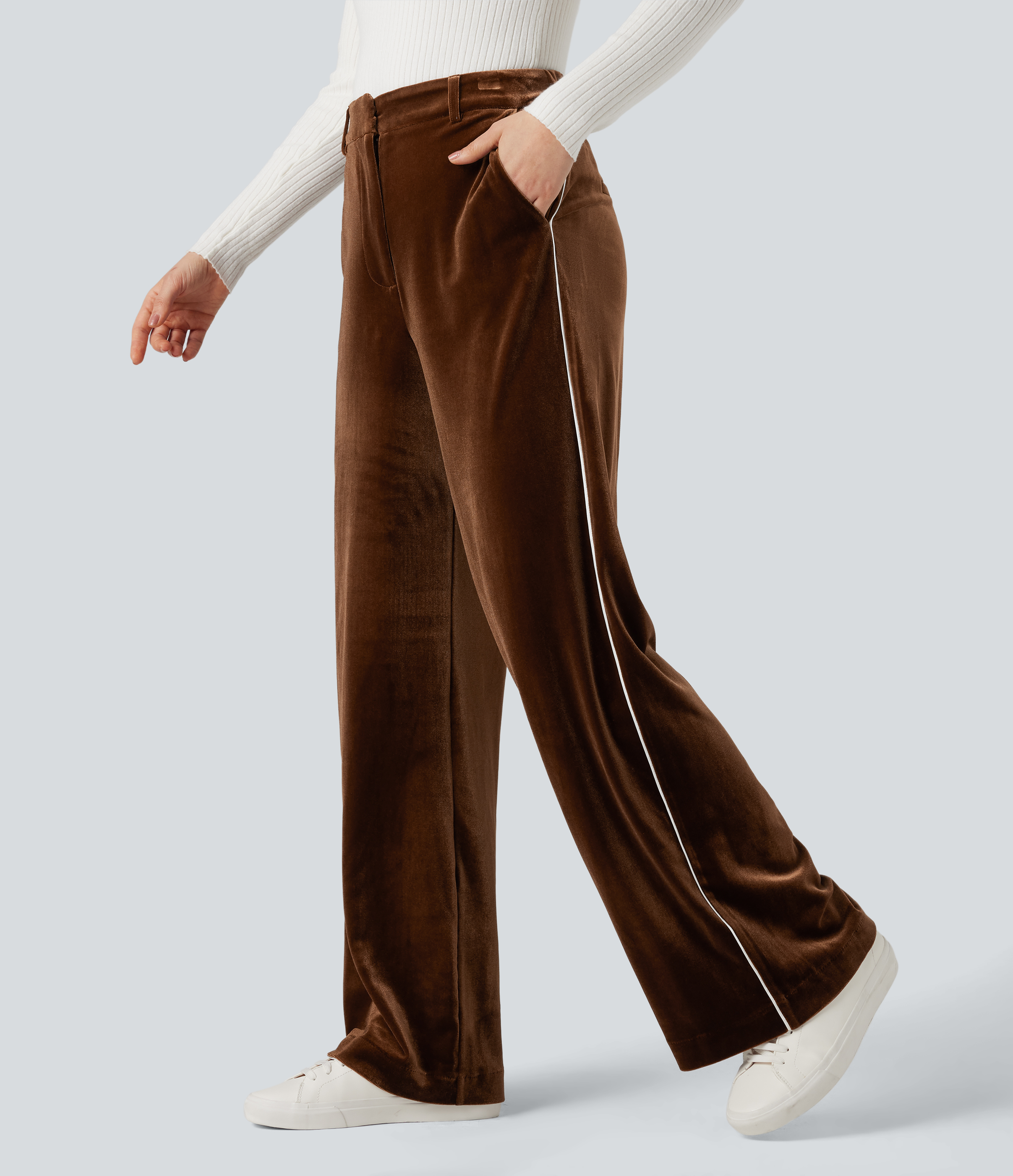Pantalones casuales de terciopelo de tiro alto con bloques de color, pernera recta y bolsillos