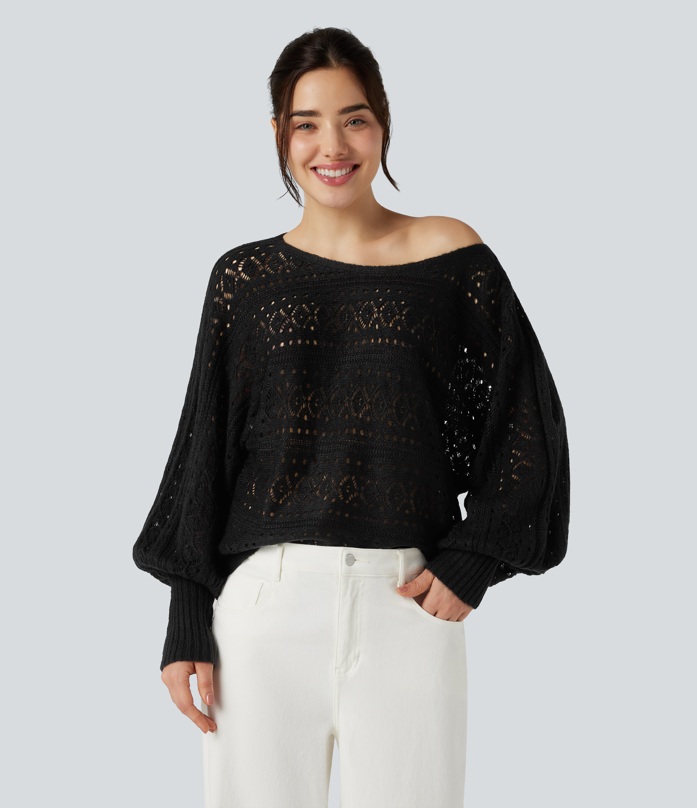 Round Neck Batwing Long Sleeve Hollow Out Casual Sweater