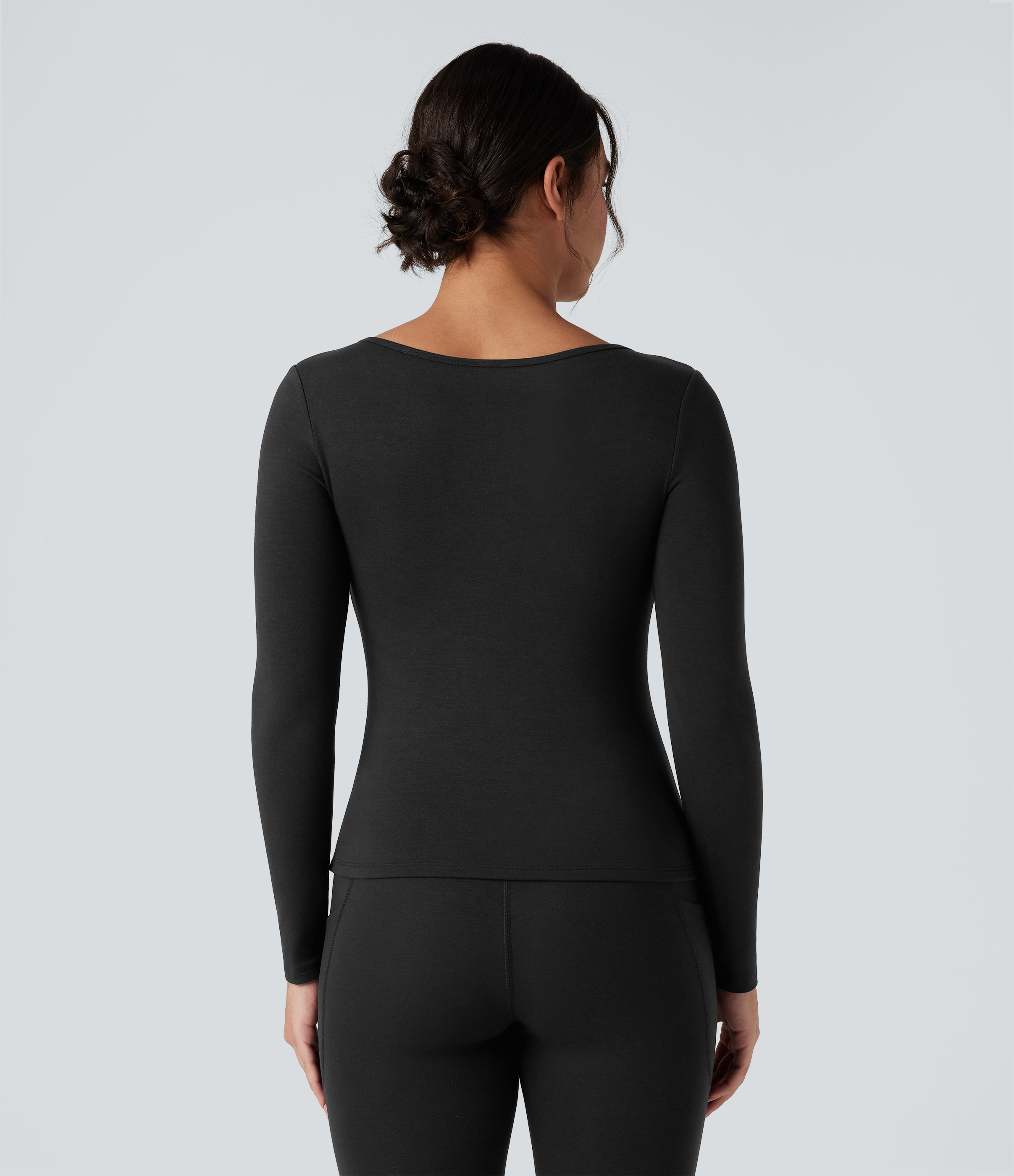 Black Halara HeatCore Scoop Neck Long Sleeve Built-in Bra Casual Warming Top / 2