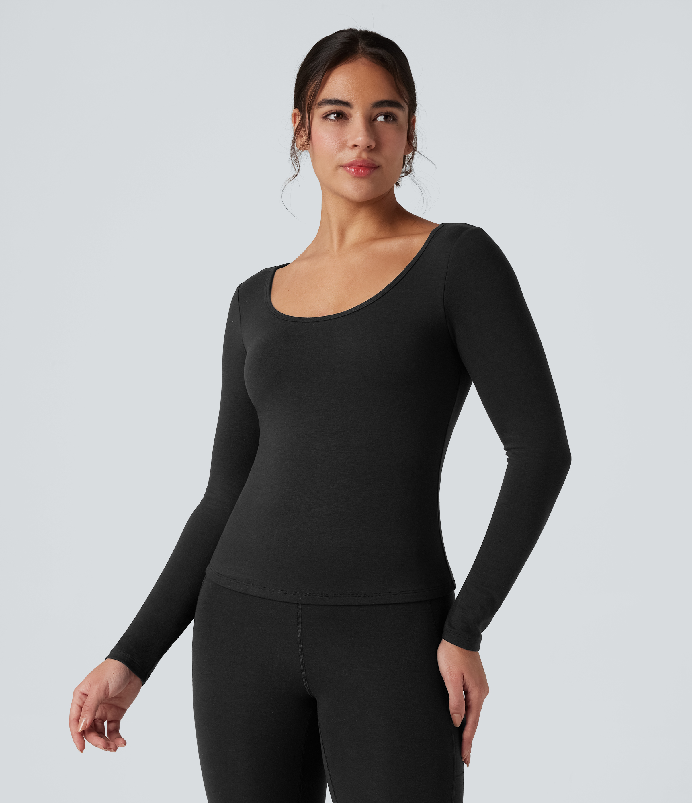 Black Halara HeatCore Scoop Neck Long Sleeve Built-in Bra Casual Warming Top / 1