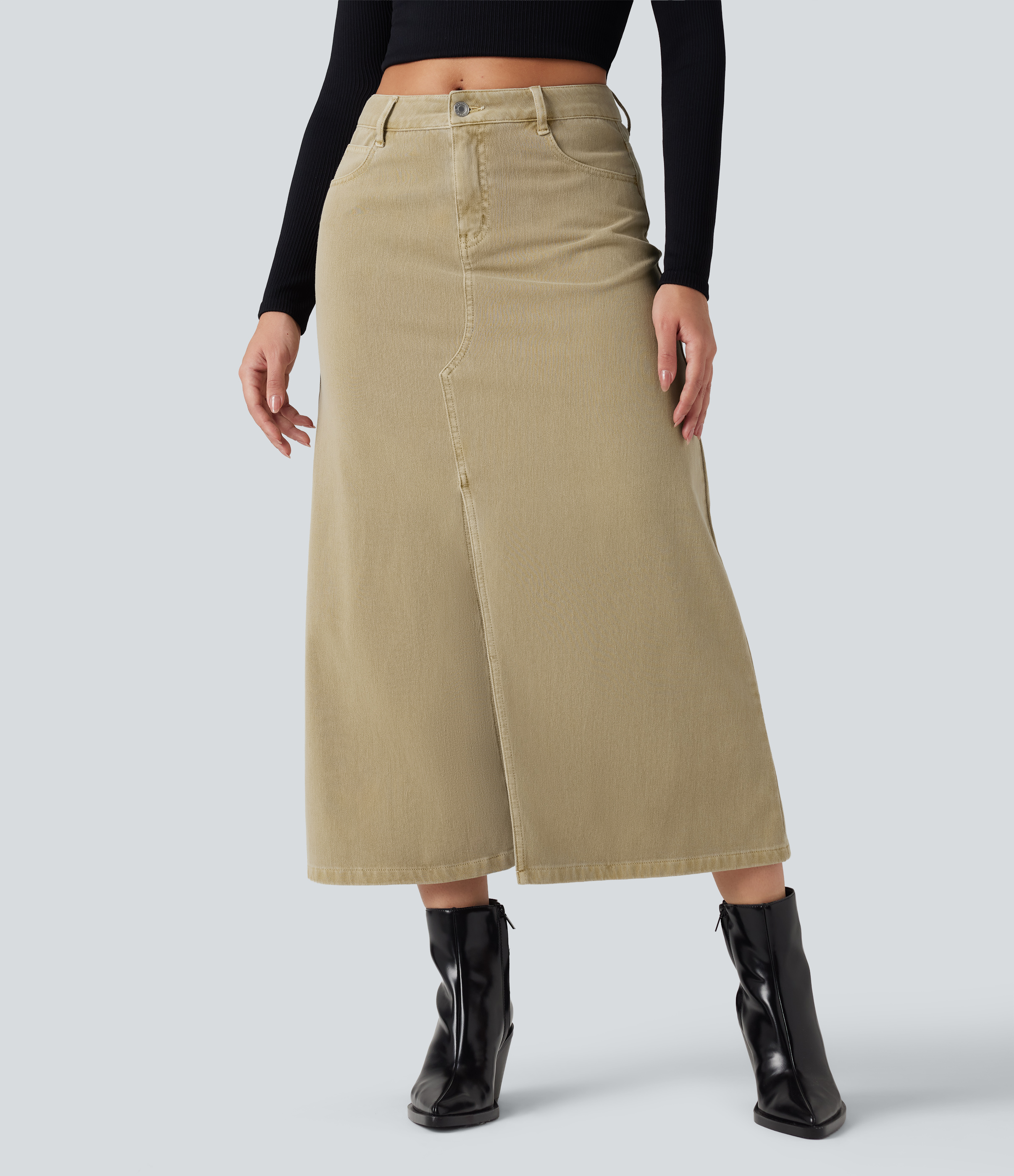 Halara Flex™ Mid Rise Split Midi Casual Colorful Denim Skirt with Pockets