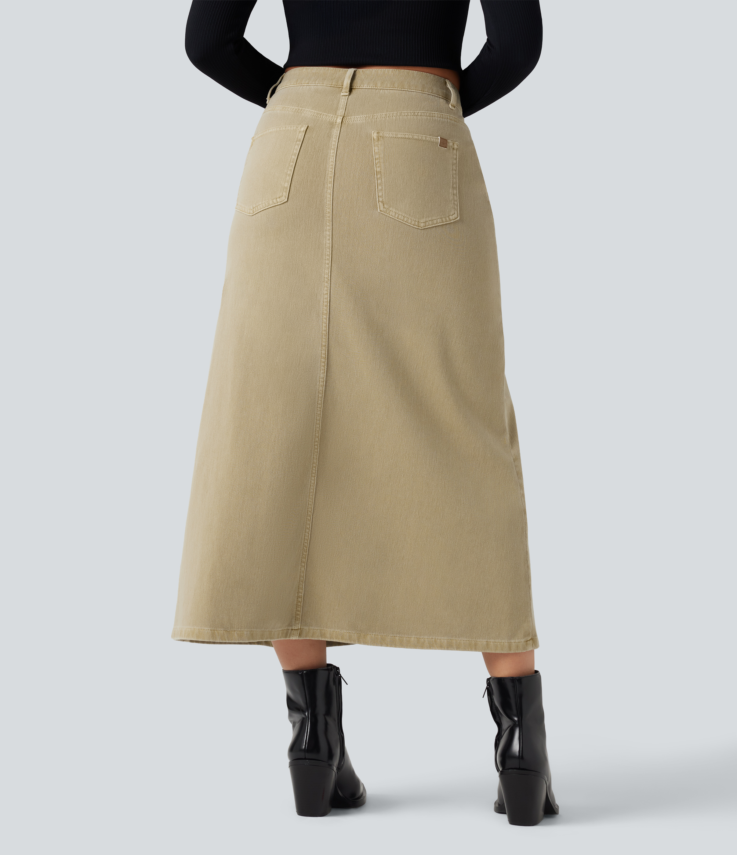 Khaki Brown Denim Halara Flex™ Mid Rise Split Midi Casual Colorful Denim Skirt with Pockets / 2