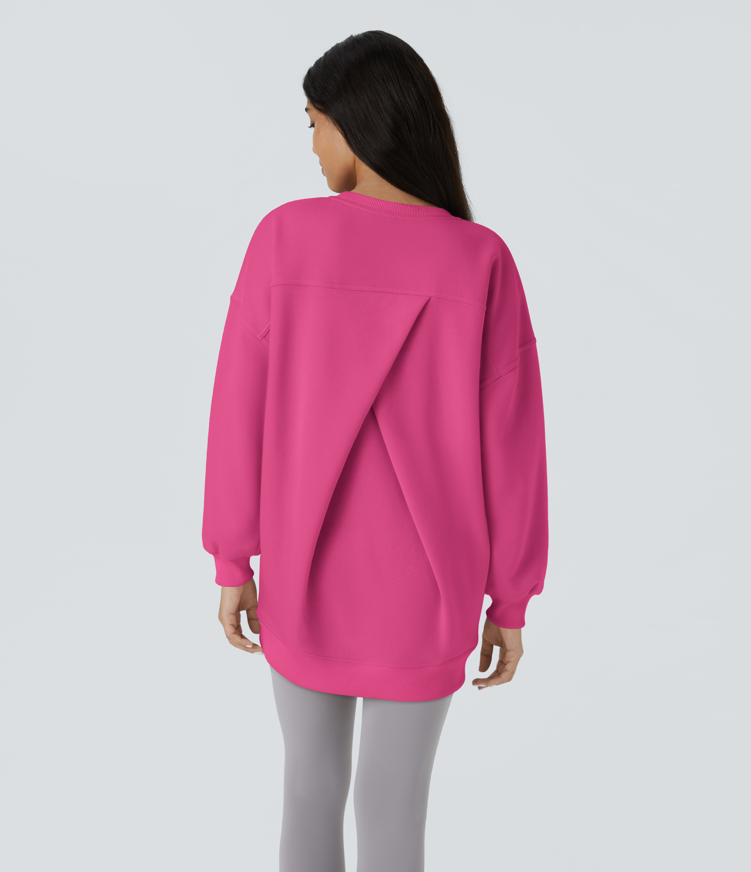 Round Neck Long Sleeve Pocket Oversize Fleece Casual Sweatshirt