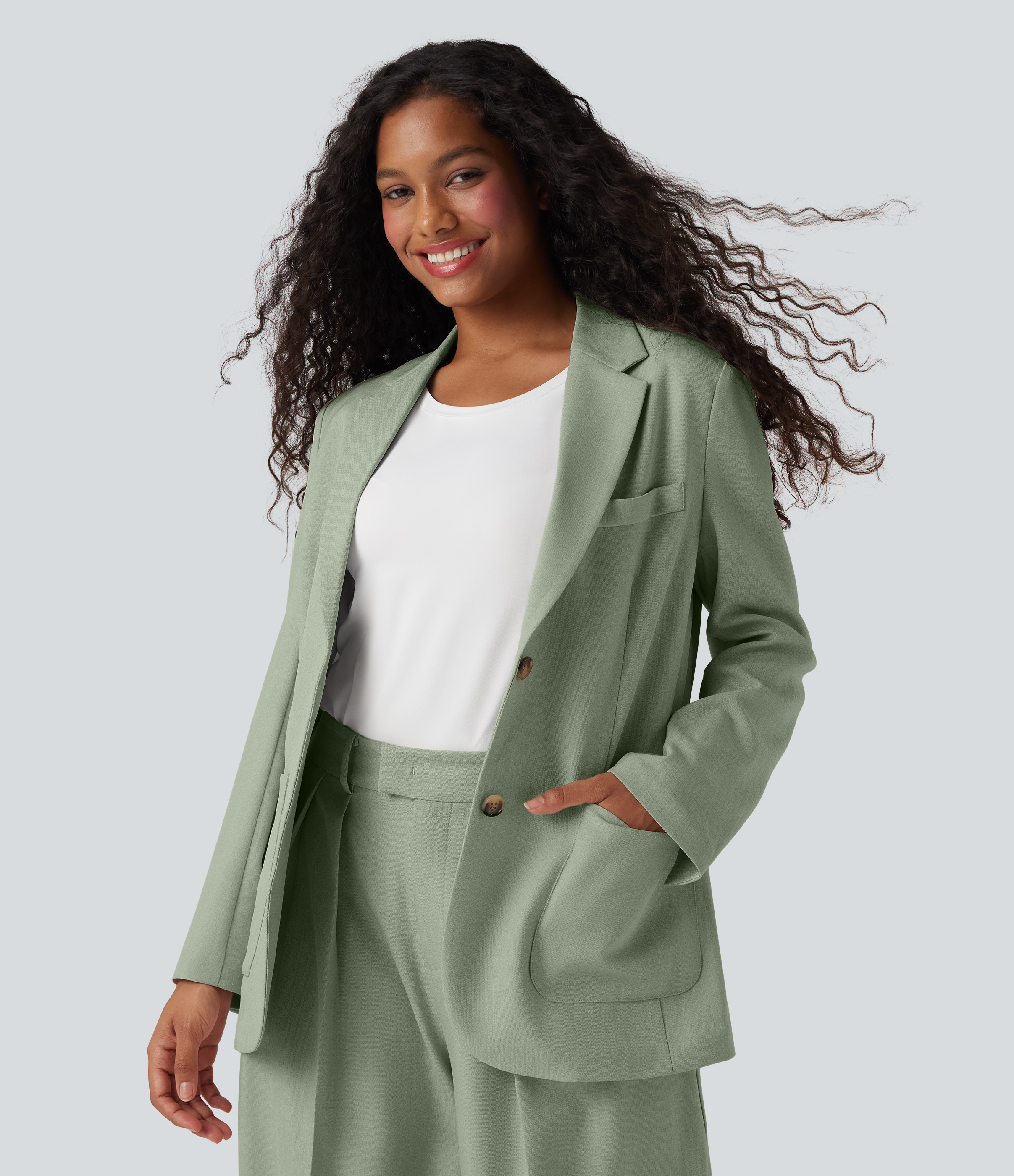Blazer de travail anti-froissement aspect lin col cranté manches longues avec poches