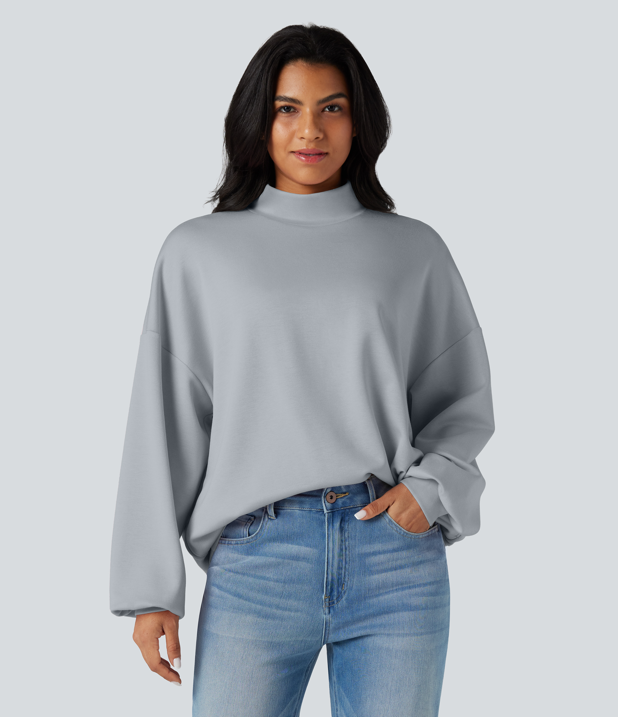 Women's Mock-neck Relaxed Casual Sweatshirt with Pockets - Halara