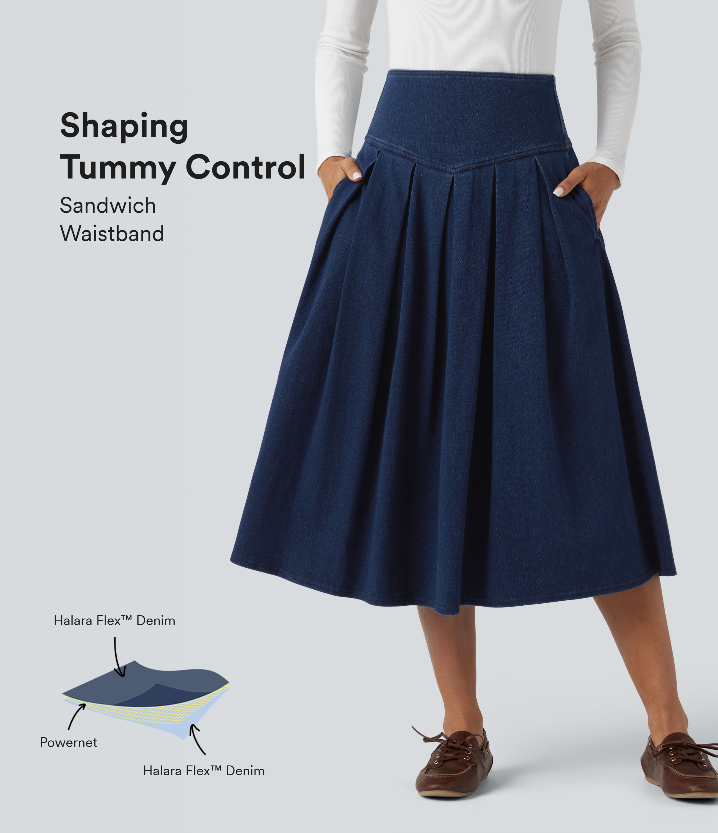 Halara Flex™ - Lässiger, plissierter Denim-Midirock mit hohem Bund, Seitentaschen und Bauchkontrolle