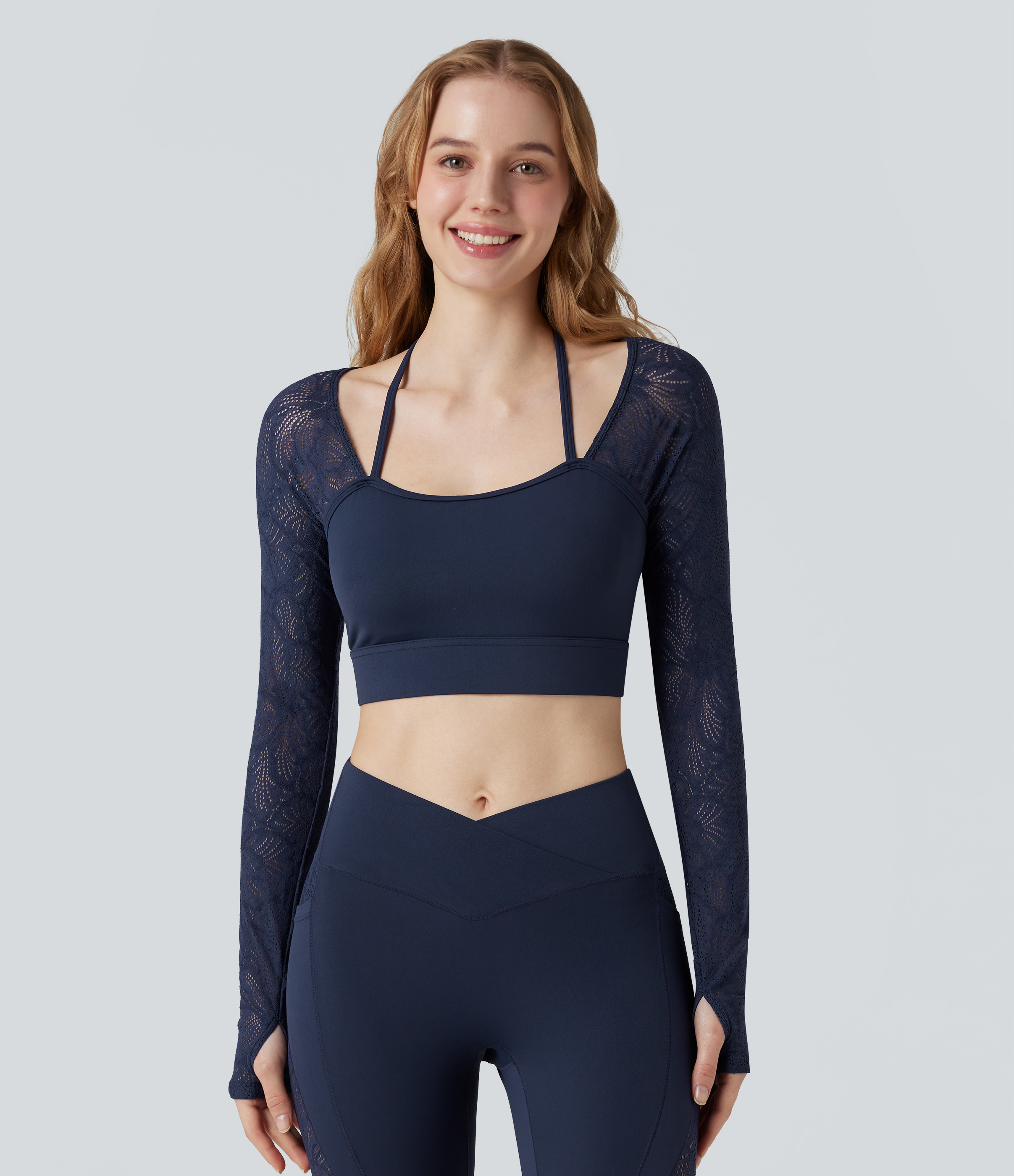Peacoat SoftlyZero™ Contrast Lace Halter Long Sleeve Thumb Holes Cropped Yoga Top / 2