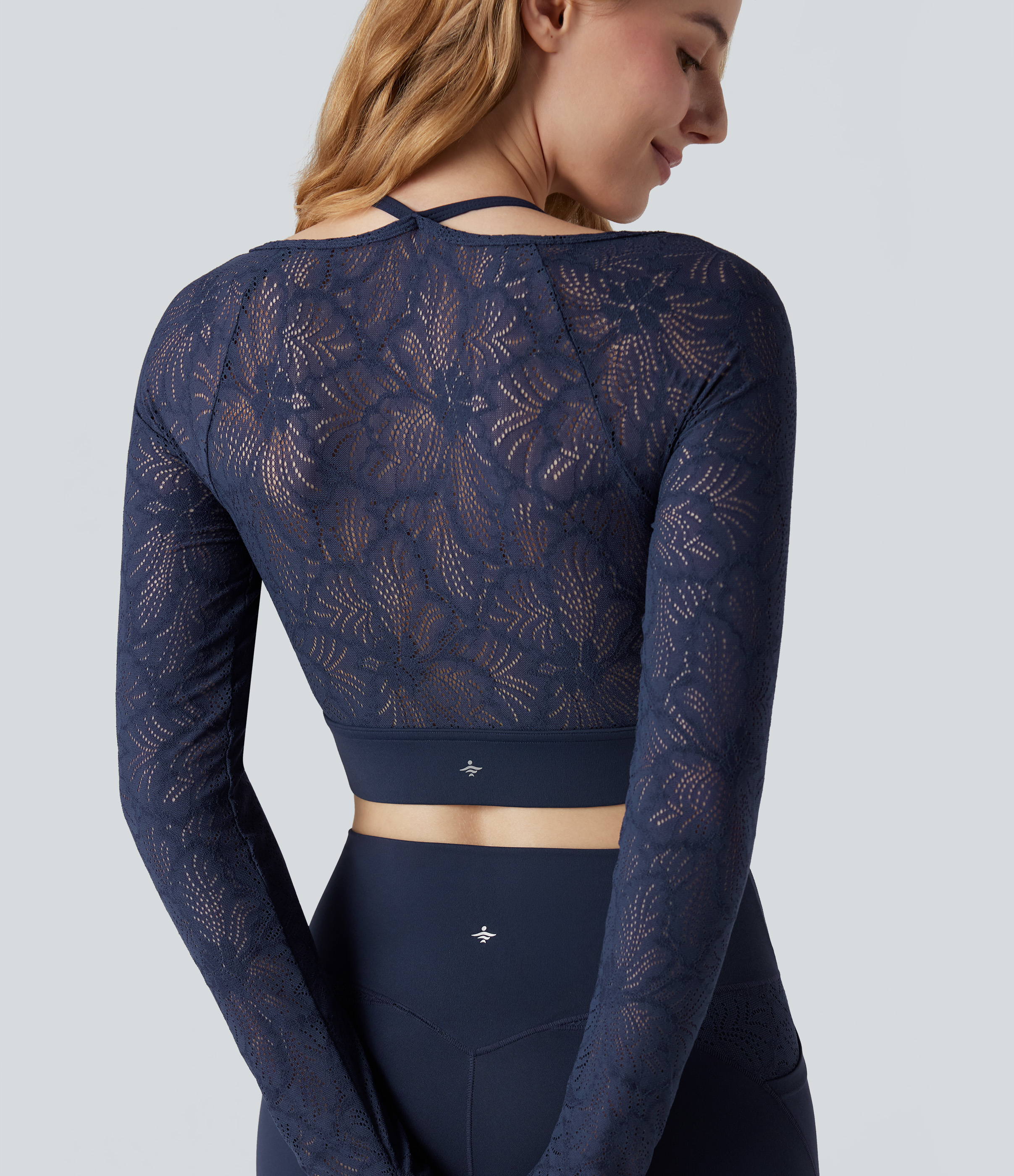 SoftlyZero™ Contrast Lace Halter Long Sleeve Thumb Holes Cropped Yoga Top