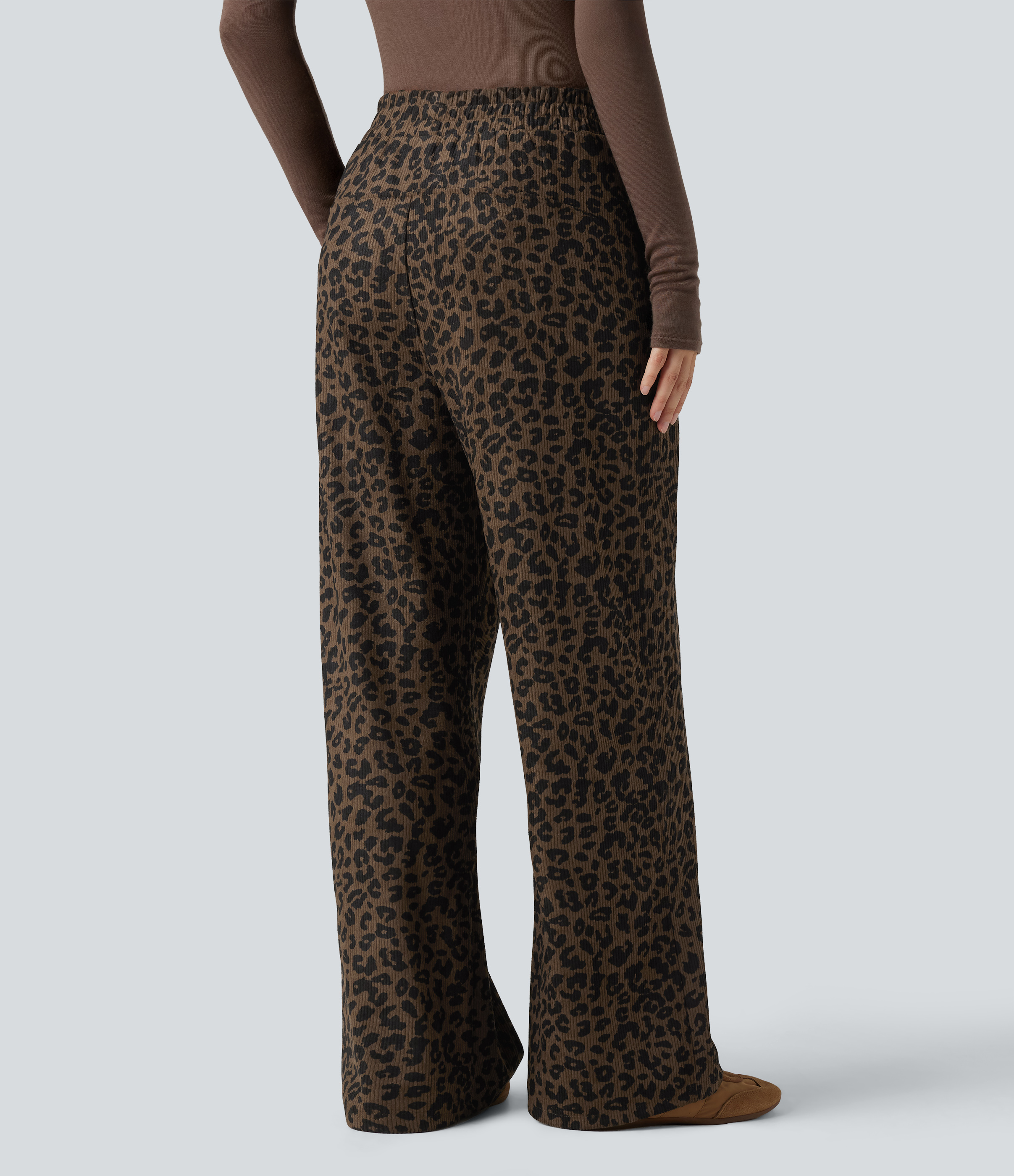 Amber Leopard Pantalon léopard velours côtelé imprimé coupe droite mop taille haute avec poches / 2