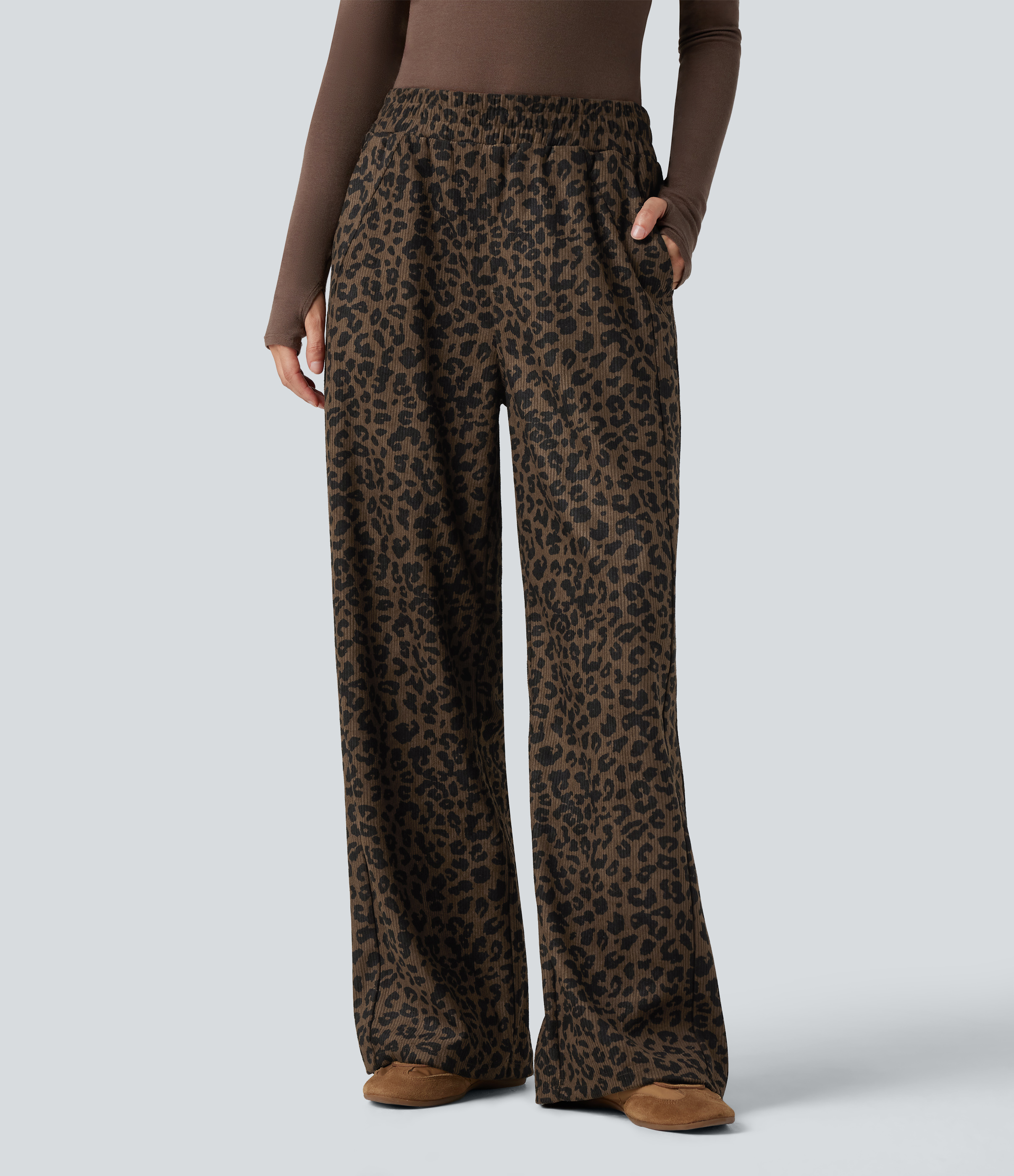 High Waisted Straight Leg Mop Leopard Print Corduroy Casual Trousers with Pockets