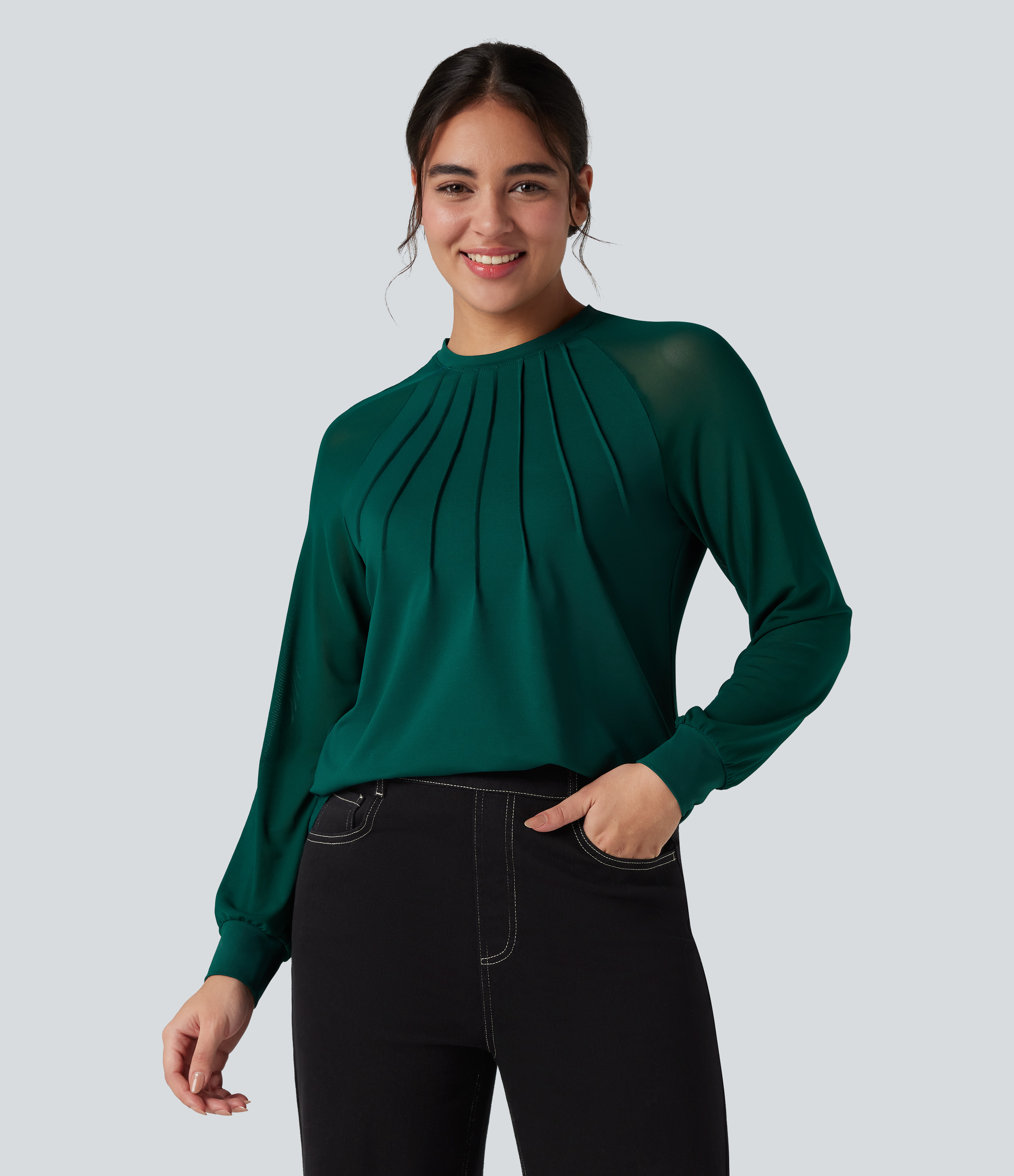 Blouse décontractée à encolure ronde, manches raglan et empiècement en maille contrastante