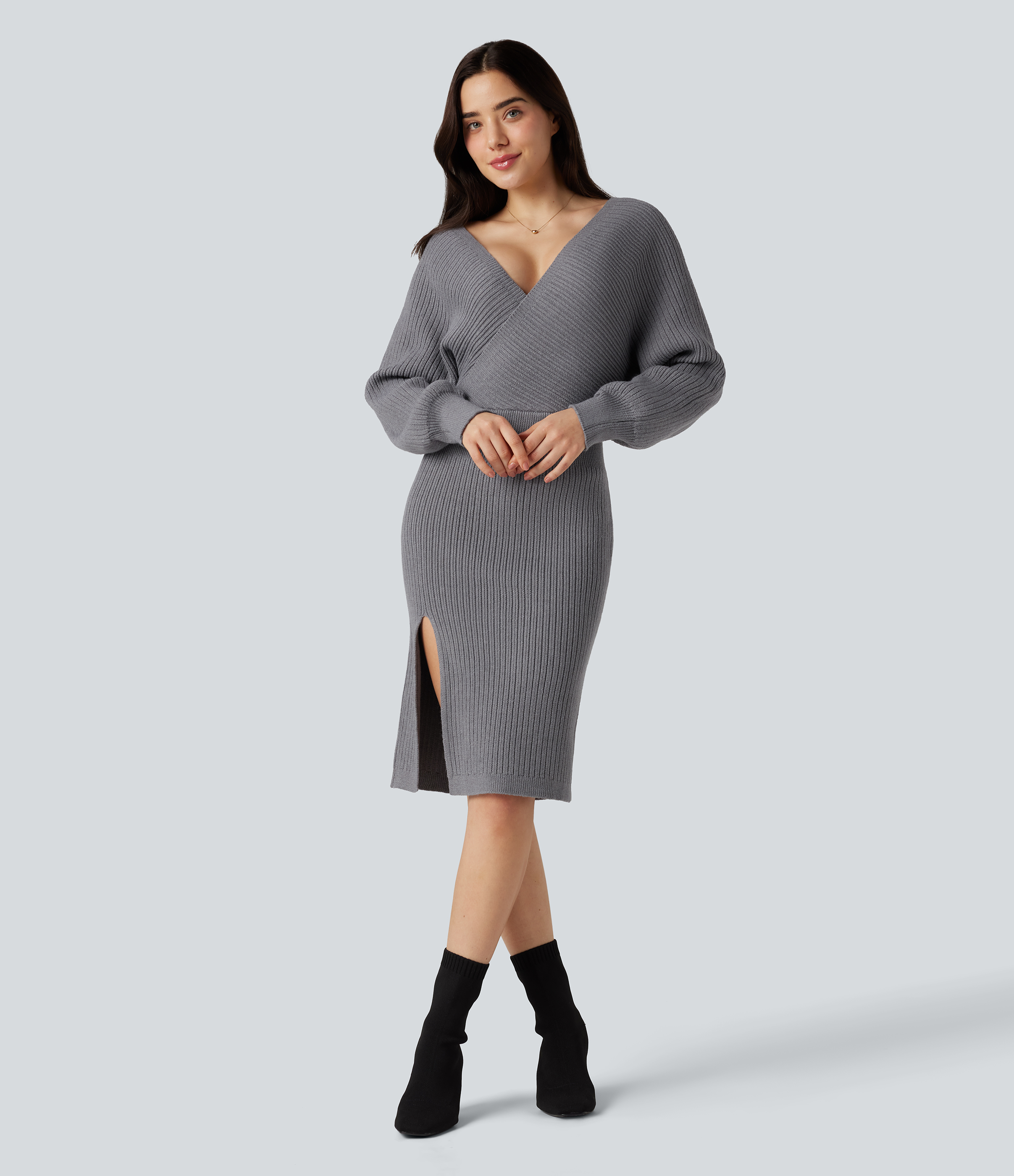 V-neck Batwing Long Sleeve Split Bodycon Midi Work Sweater Dress