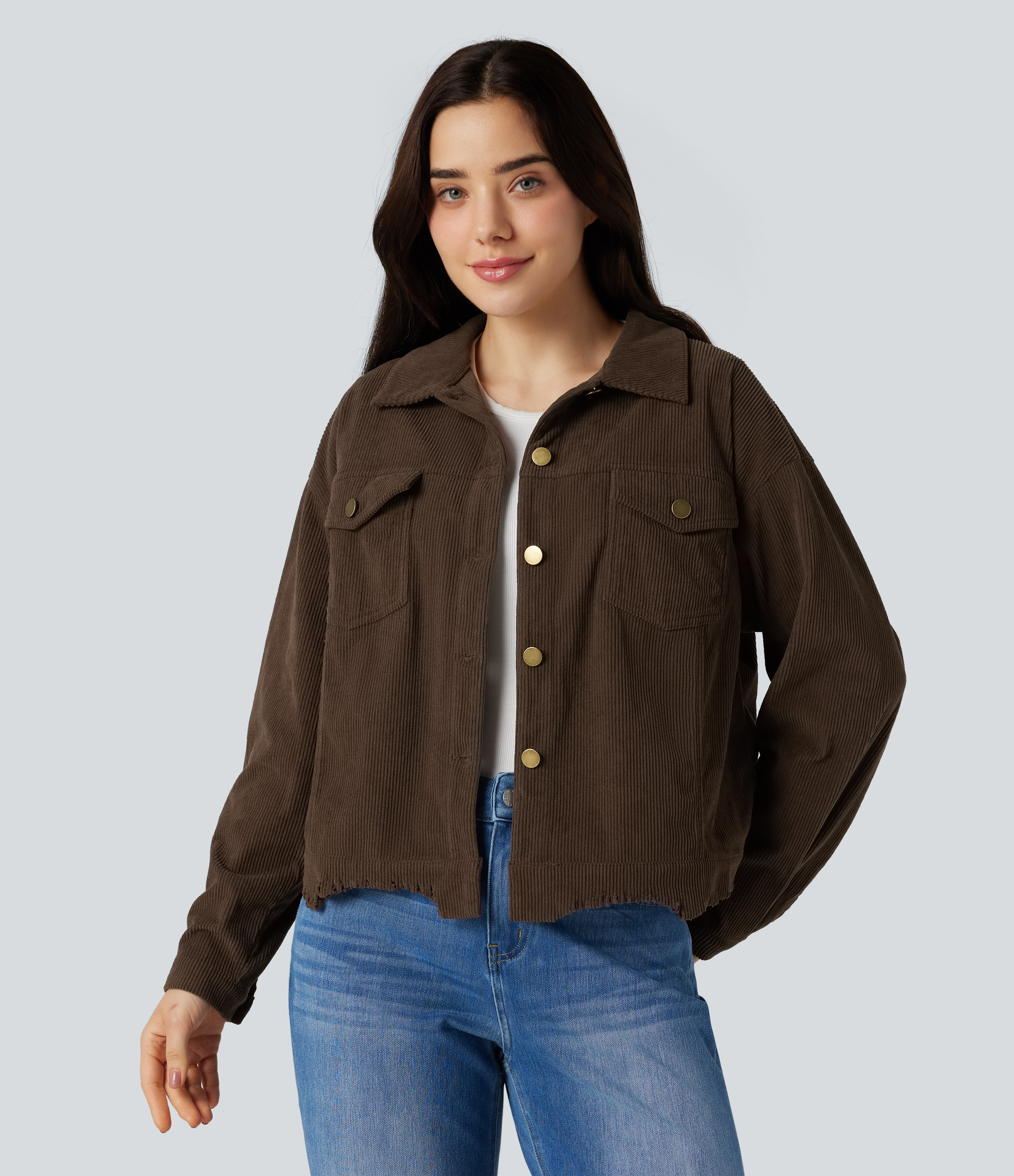 Flamewood Brown Long Sleeve Button Fly Corduroy Casual Shacket Jacket with Pockets / 1