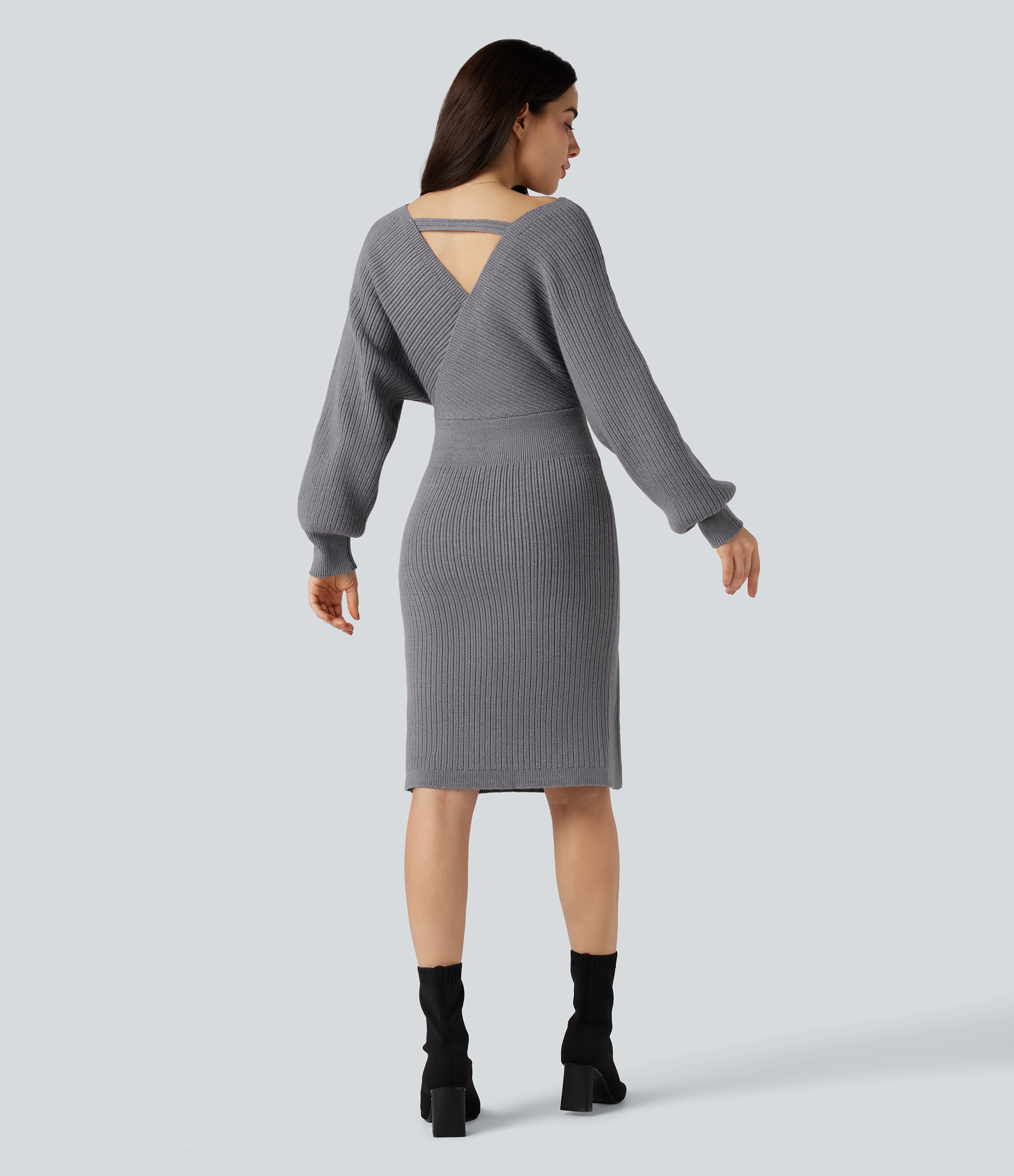 Storm Front V-neck Batwing Long Sleeve Split Bodycon Midi Work Sweater Dress / 2